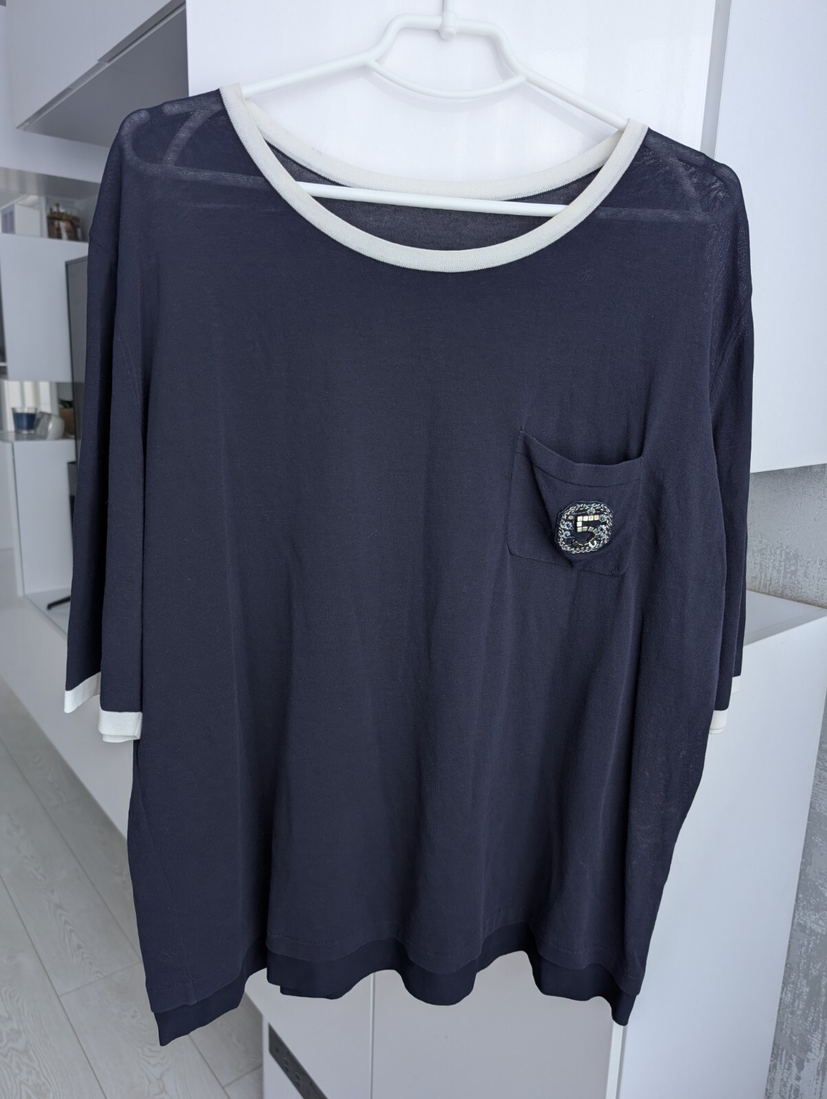 Chanel No 5 Embellished Logo Navy Silk Viscose Blouse Top T-Shirt Oversized 2XL