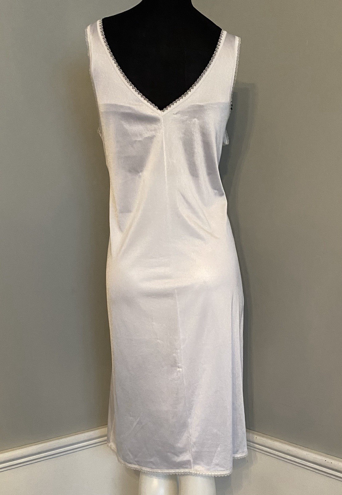 Vintage Silky White Satin Nylon and Lace Bust Full Slip Lingerie Size 38 V-Neck