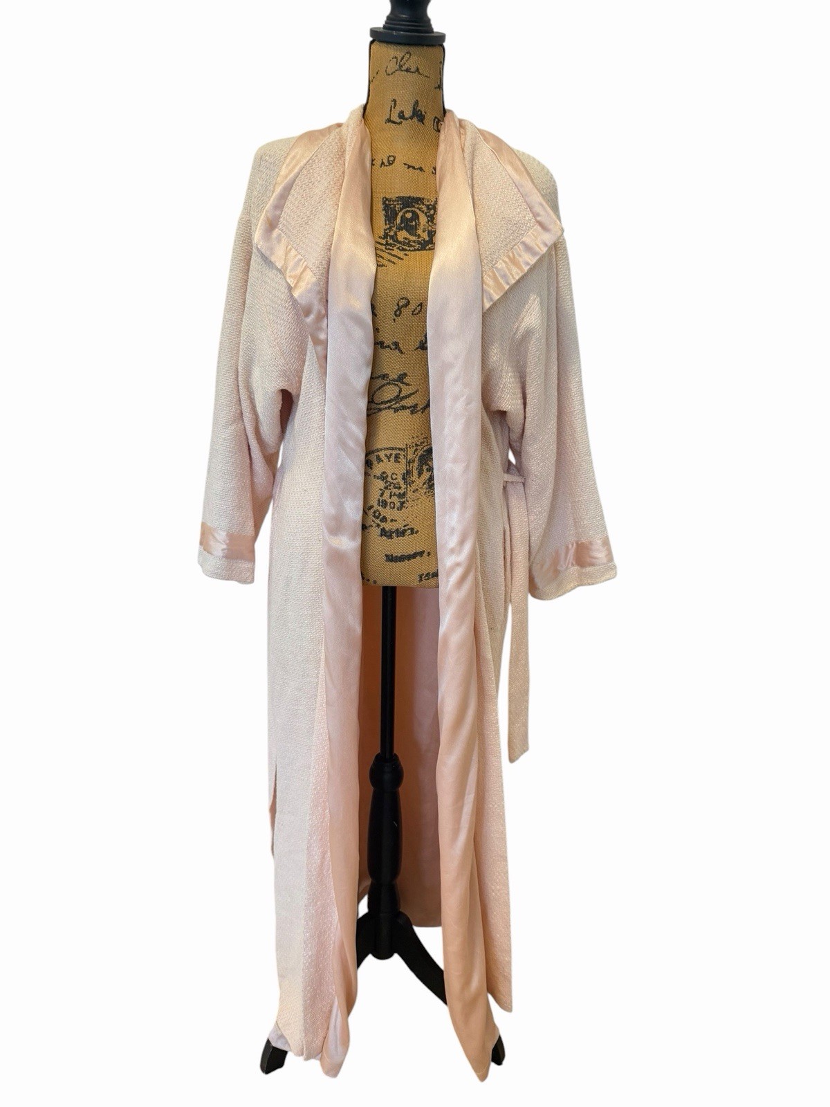 Vintage Valentino Intimo Pink Robe L Union Made USA Satin Trim Belt Long Bridal