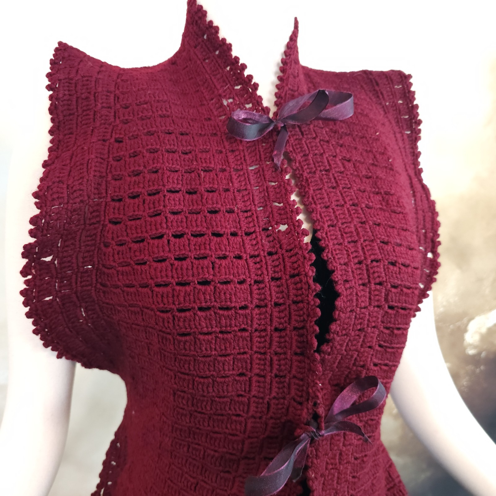 Burgandy Red Crochet Antique Vest 1920s 1930s Art Deco Sweater Shawl Bow Ties…