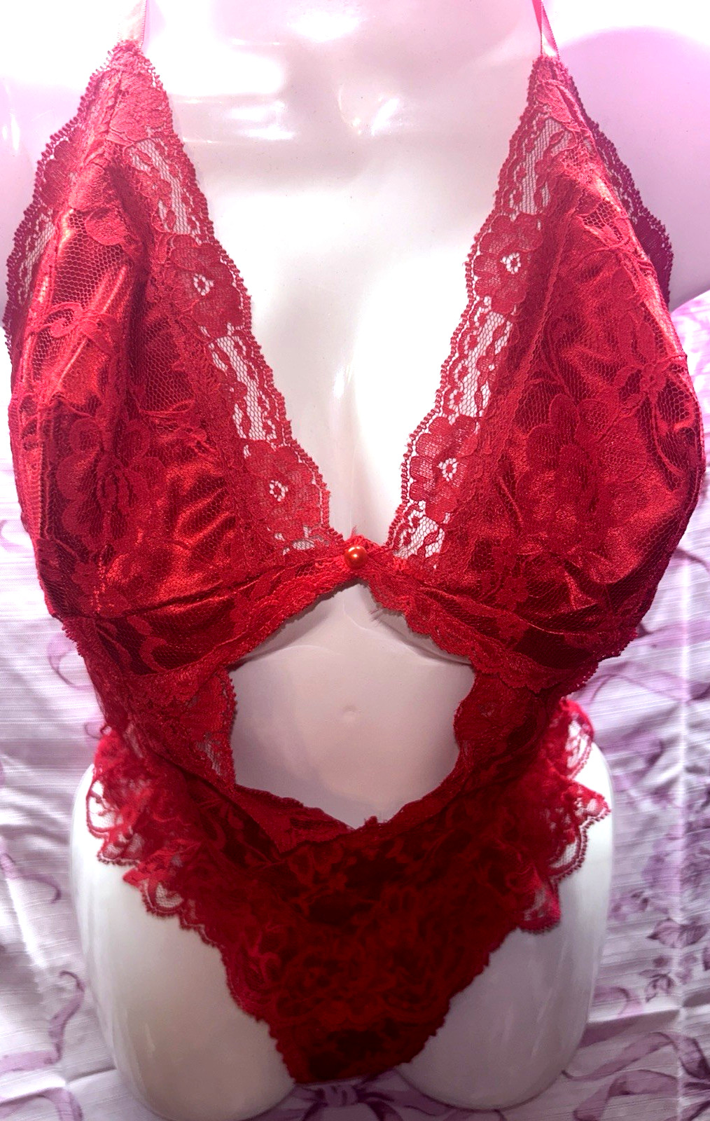 90s VTG Sz L Y2K Romantic Fredricks Of Hollywood Red Lace Deep V Teddy Ruffle