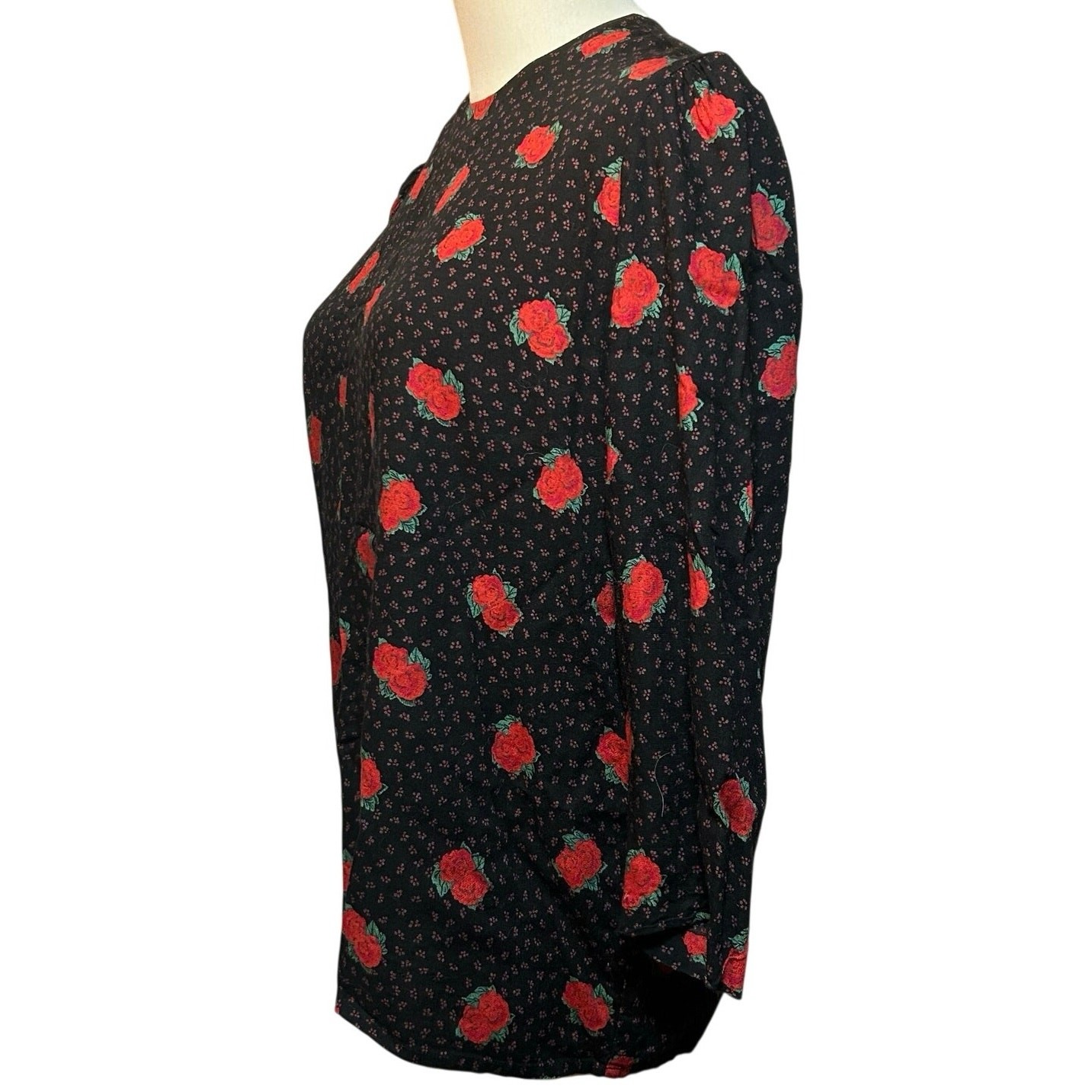 VTG Ms Interpret Black Red Rose Polka Dot Rayon Blouse 12 Whimsygoth Grunge Goth
