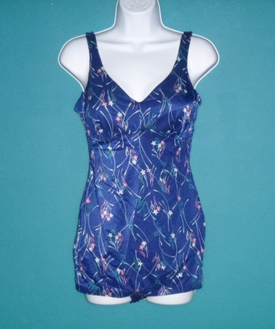 Vtg 70s Maxine of Hollywood Swimsuit One Piece BLue W/ Flowers Sz 18
