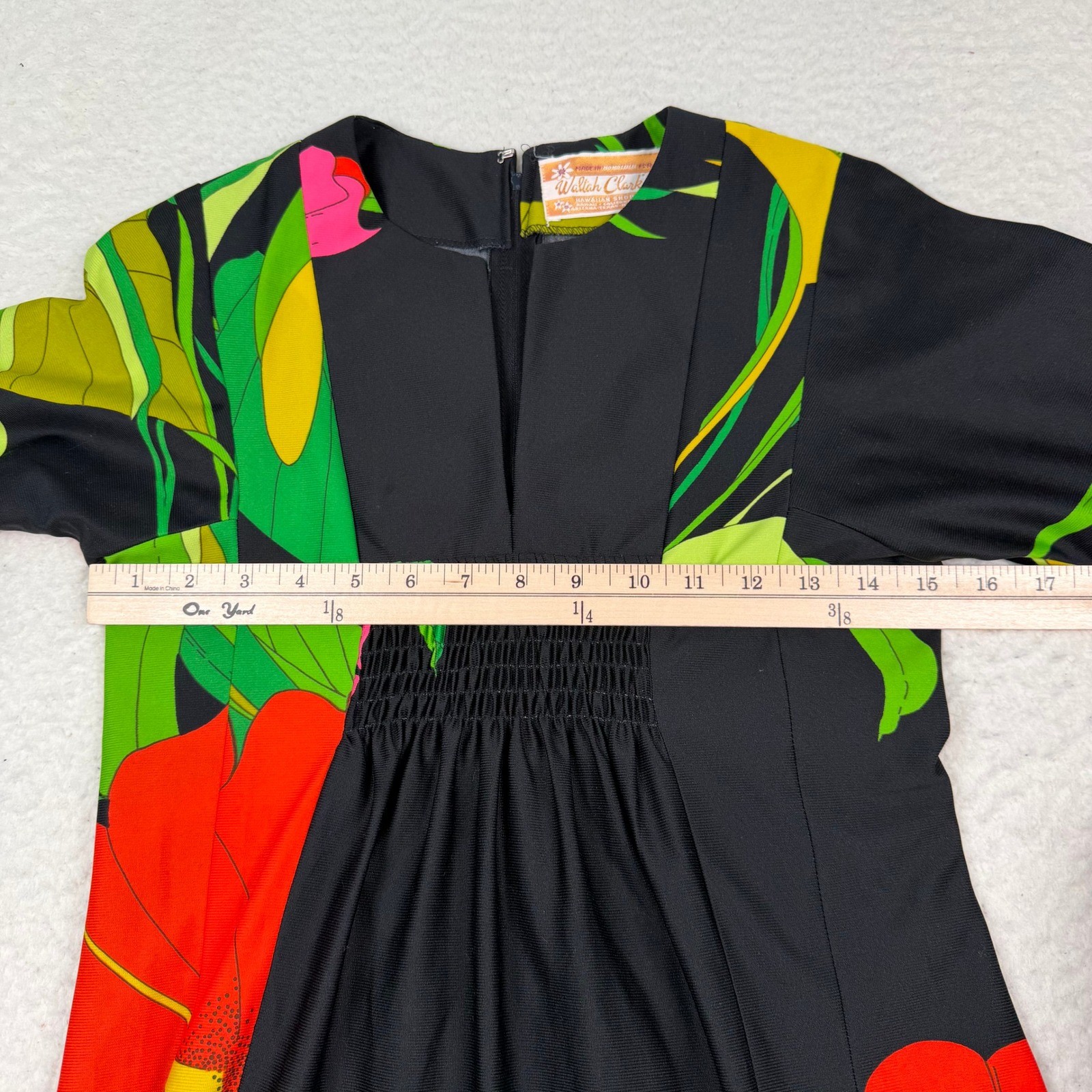 Waltah Clarke’s Maxi Dress Black Floral Vintage Hawaiian Empire Waist 60s