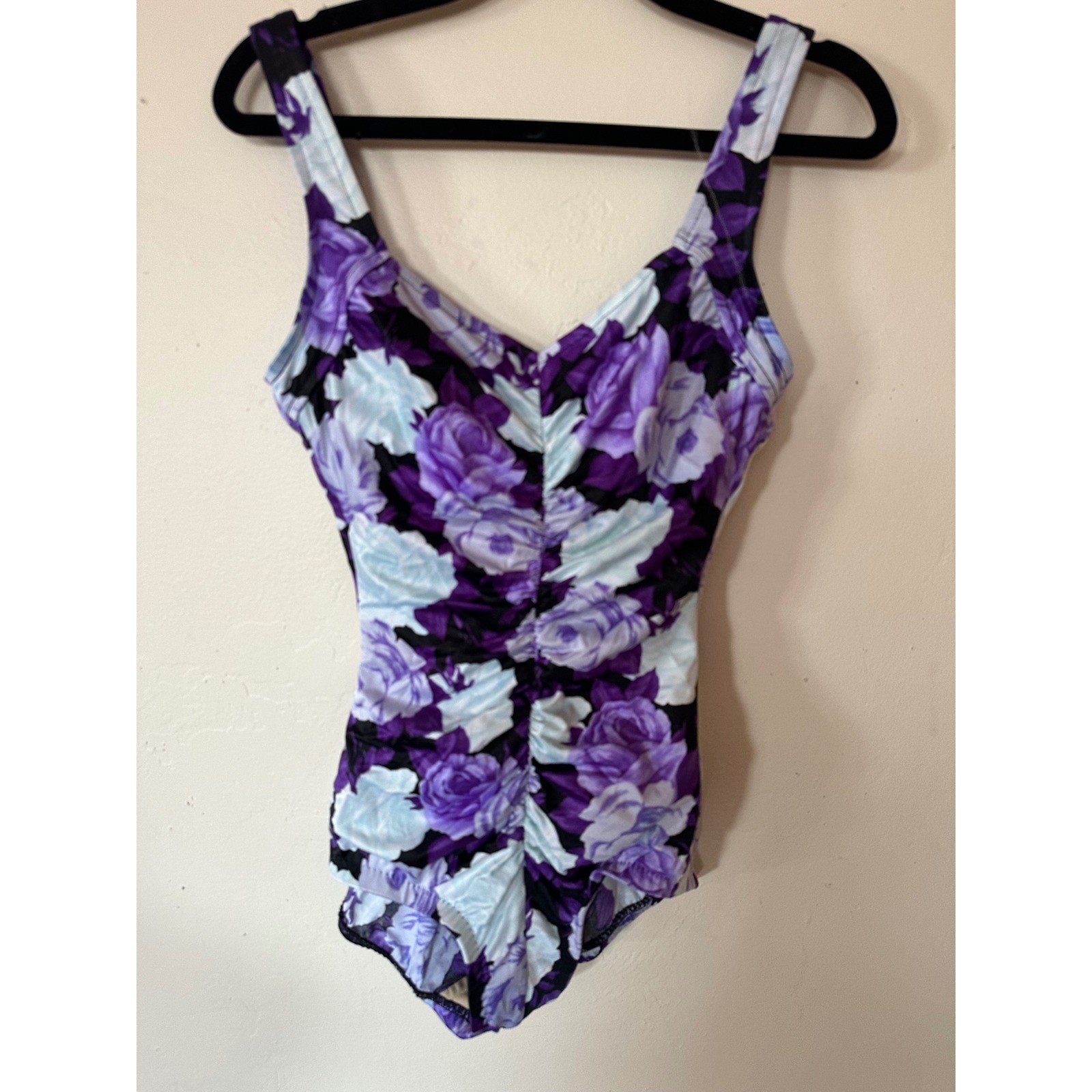 Maxine of Hollywood Vintage Floral OnePiece Swimsuit Purple Ruched Tummy Control