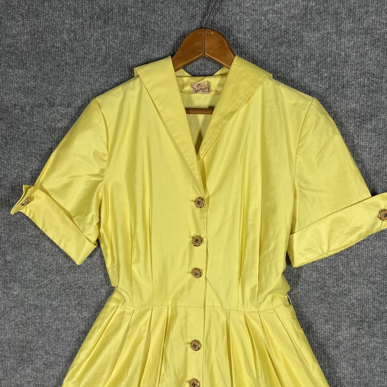 VINTAGE 50s Town & Country Club Dress Small Polished Cotton Day Tea Swing Yellow