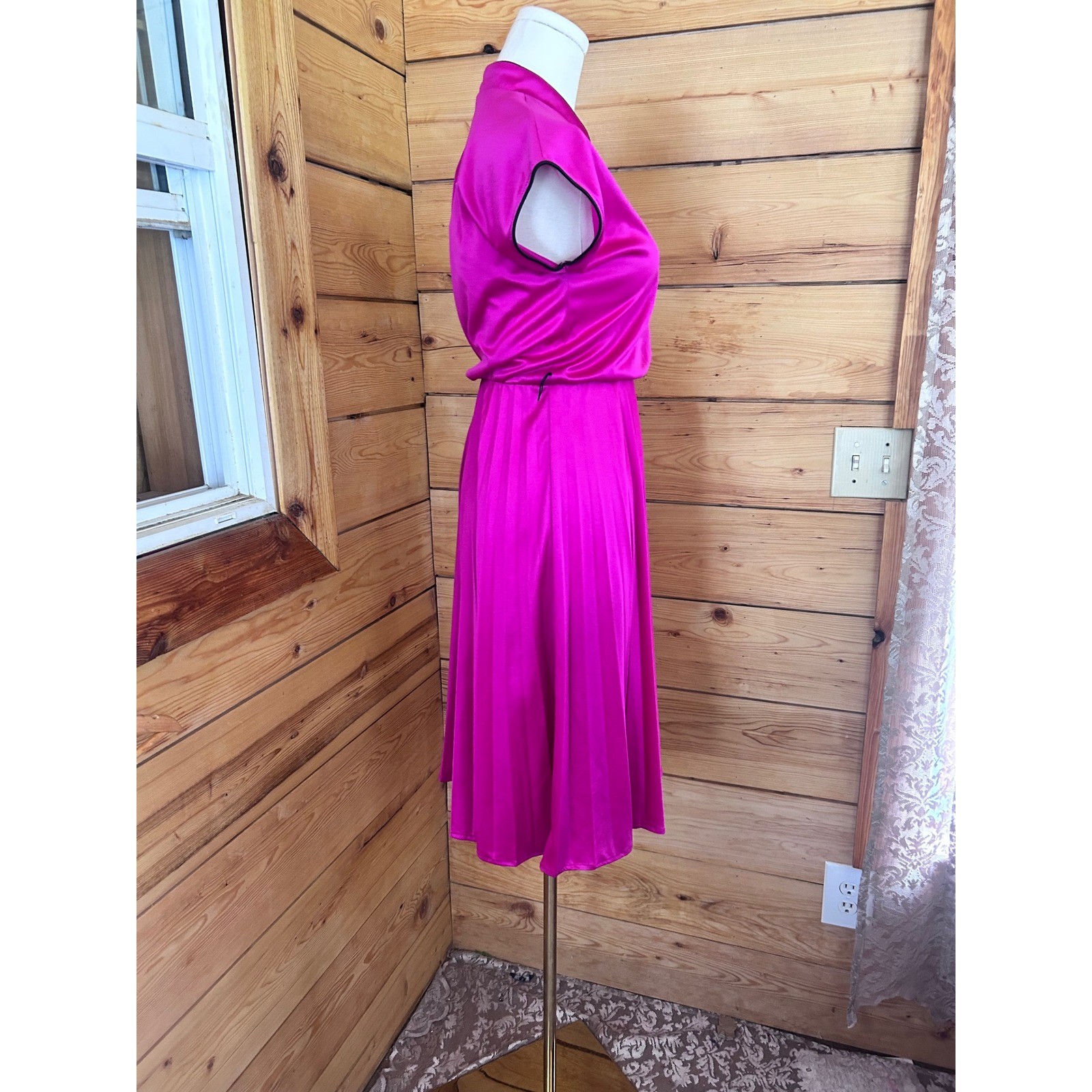 Vintage Magenta Satin Dress Medium Hot Pink Pleated Midi Joyce Palmer Asian Y2K