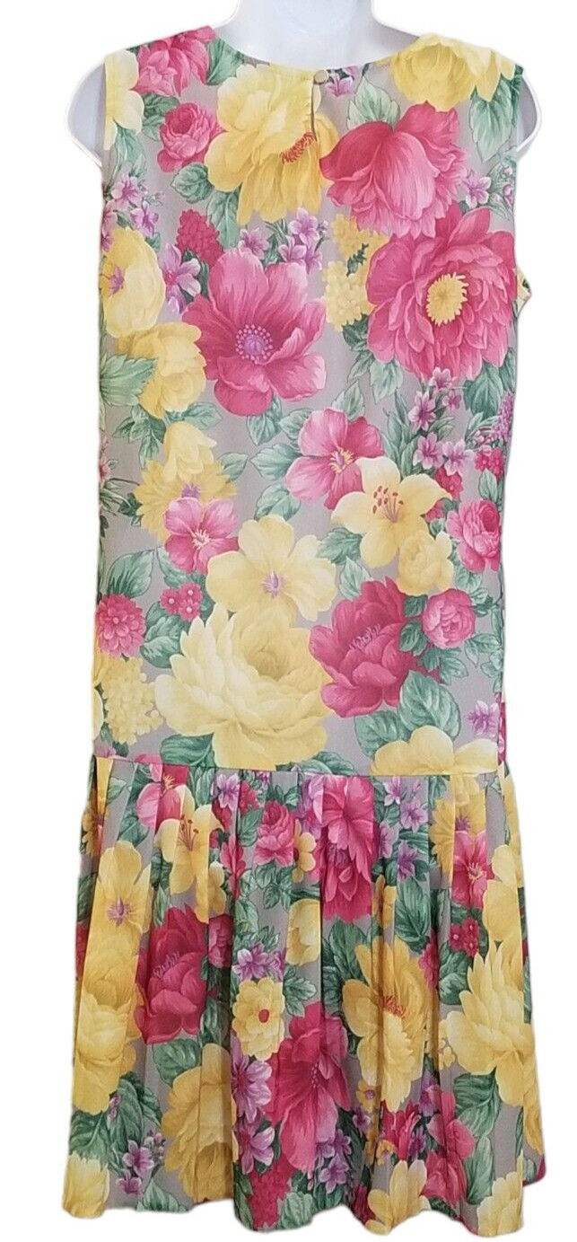Vintage Womens Dress M/L Two Piece Below Knee Drop Waist Floral Pleated Yellow