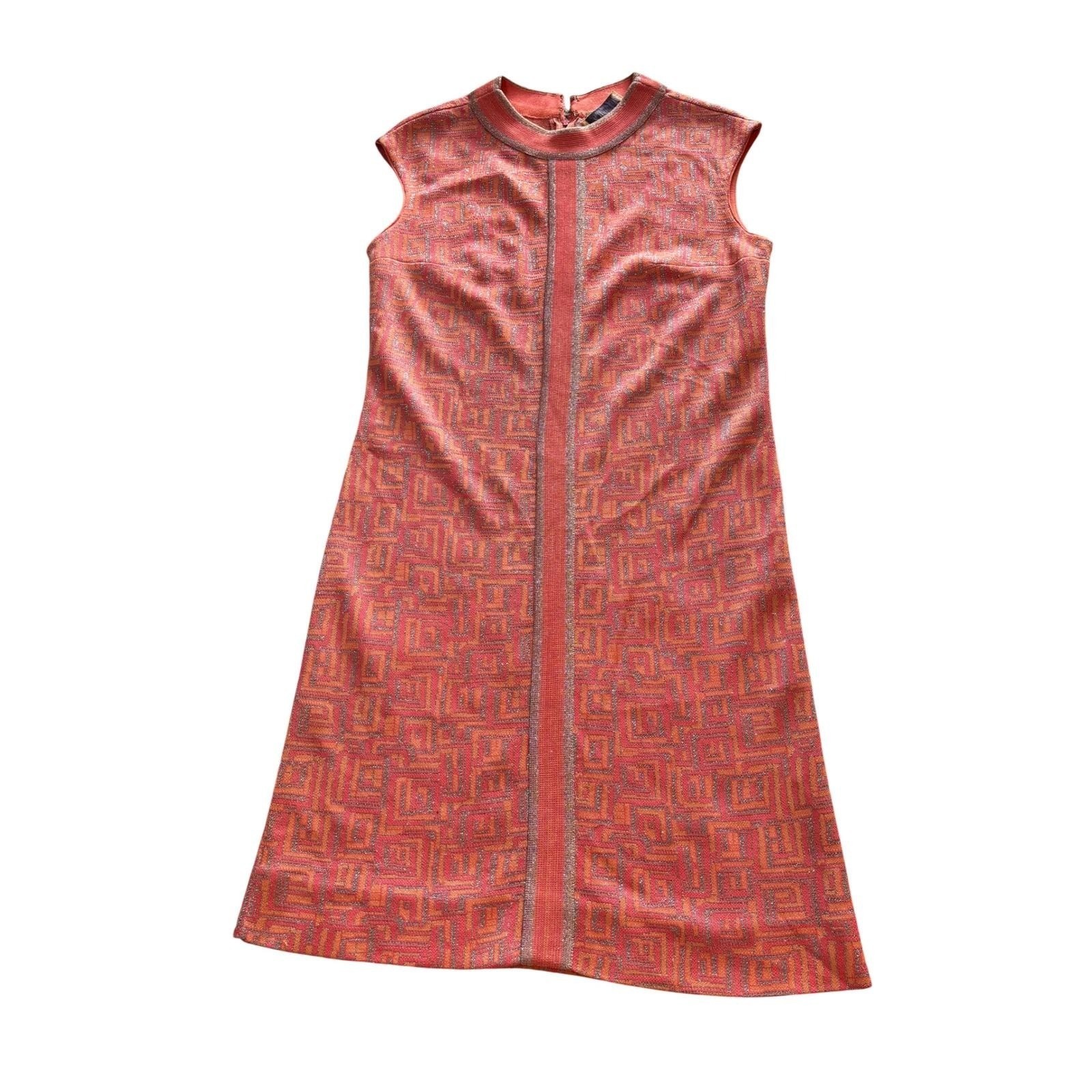 Mod Geometric Lurex Tannel Knits Sheath Dress Sleeveless Pink Orange Vintage