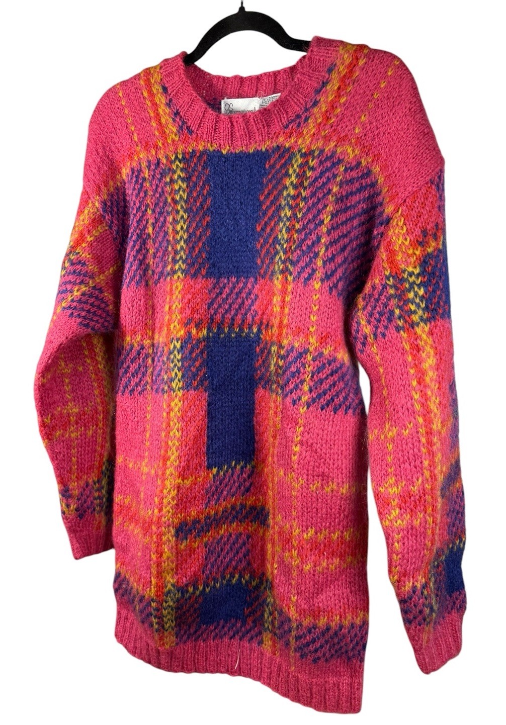 Vintage 80s Mohair Sweater NWT Plaid Fuzzy Pink Chunky Knit Oversized Grunge L