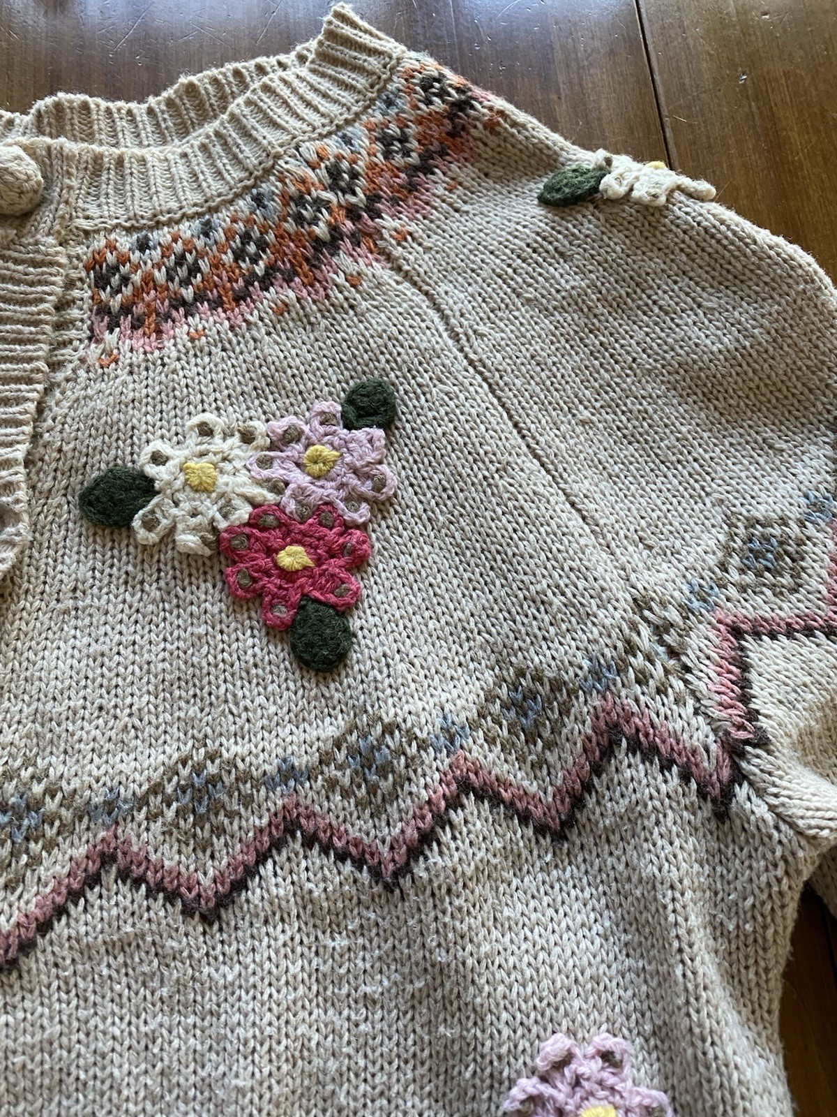 Cardigan Sweater Vintage Knitted Floral Off White Cream Color
