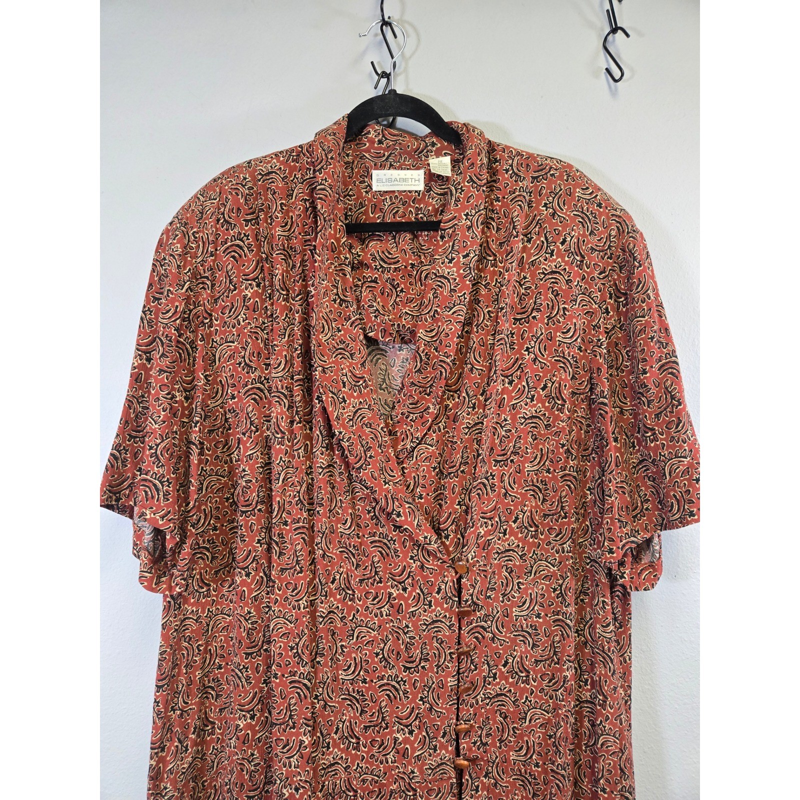 Elisabeth Vintage Paisley Boho Button Front Short Sleeve Midi Dress Size 22