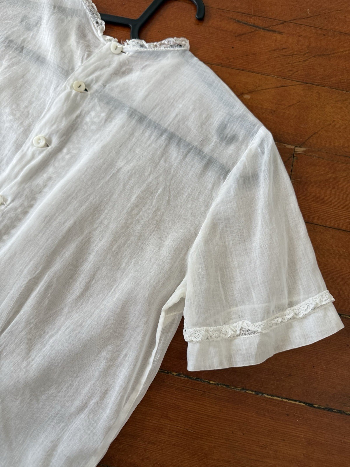 Antique Edwardian 1910s Sheer While Cotton Voile Blouse Embroidered Lace Panels