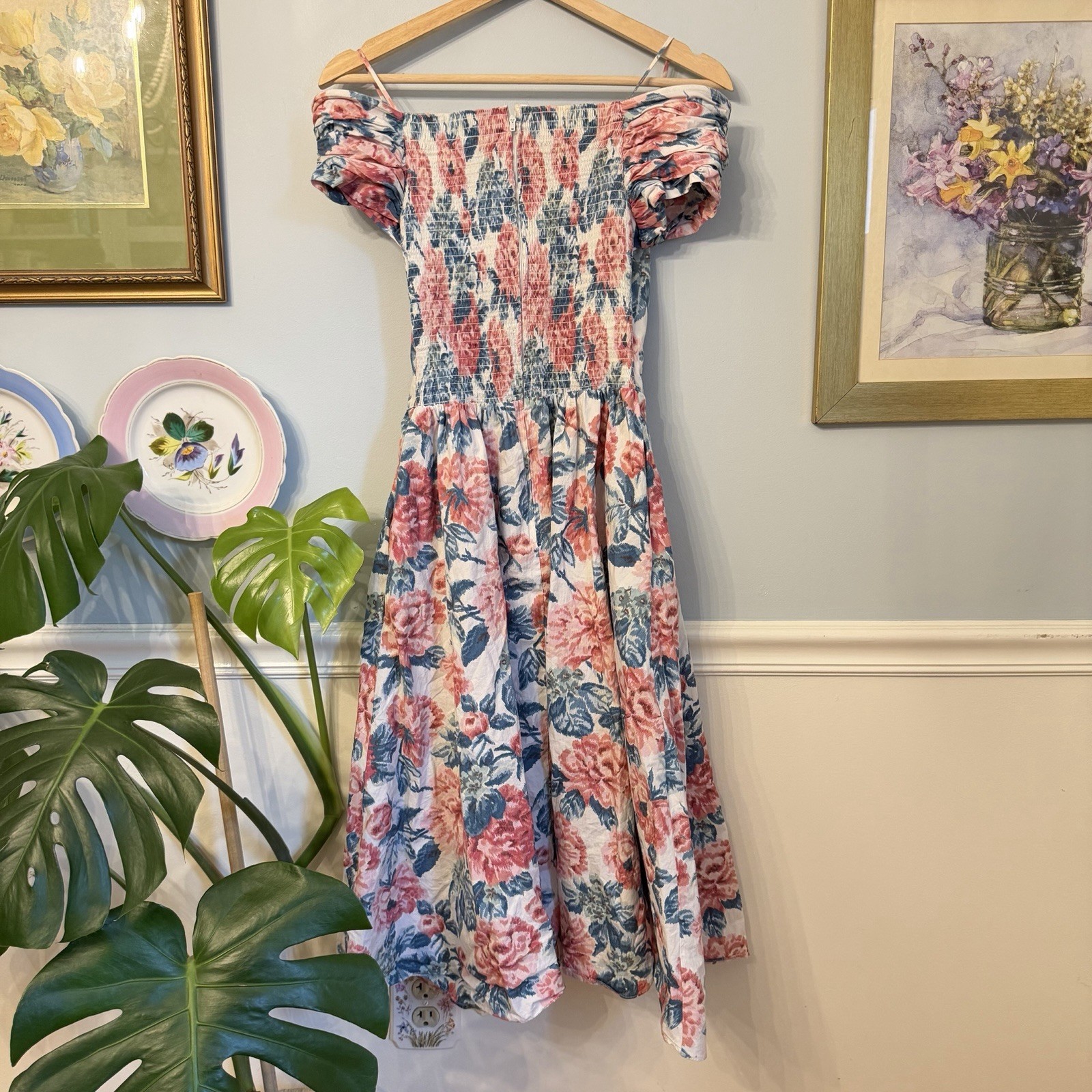 Vintage Off The Shoulder Floral Dress Size 6 Cottage Romantic Feminine 80s Tea