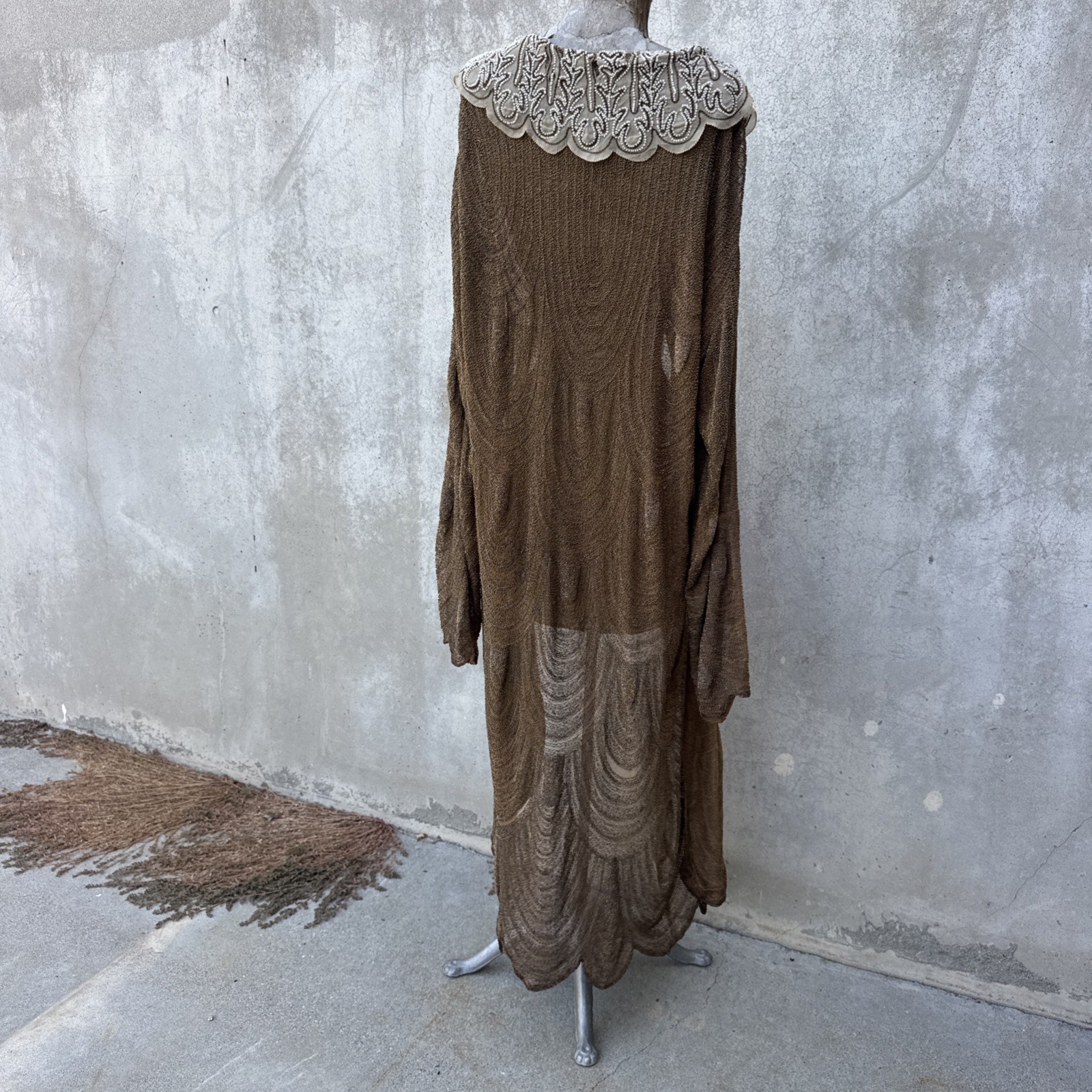 Antique 1920s Completely Beaded Gold Coat Scalloped Hem Art Deco Net Vintage