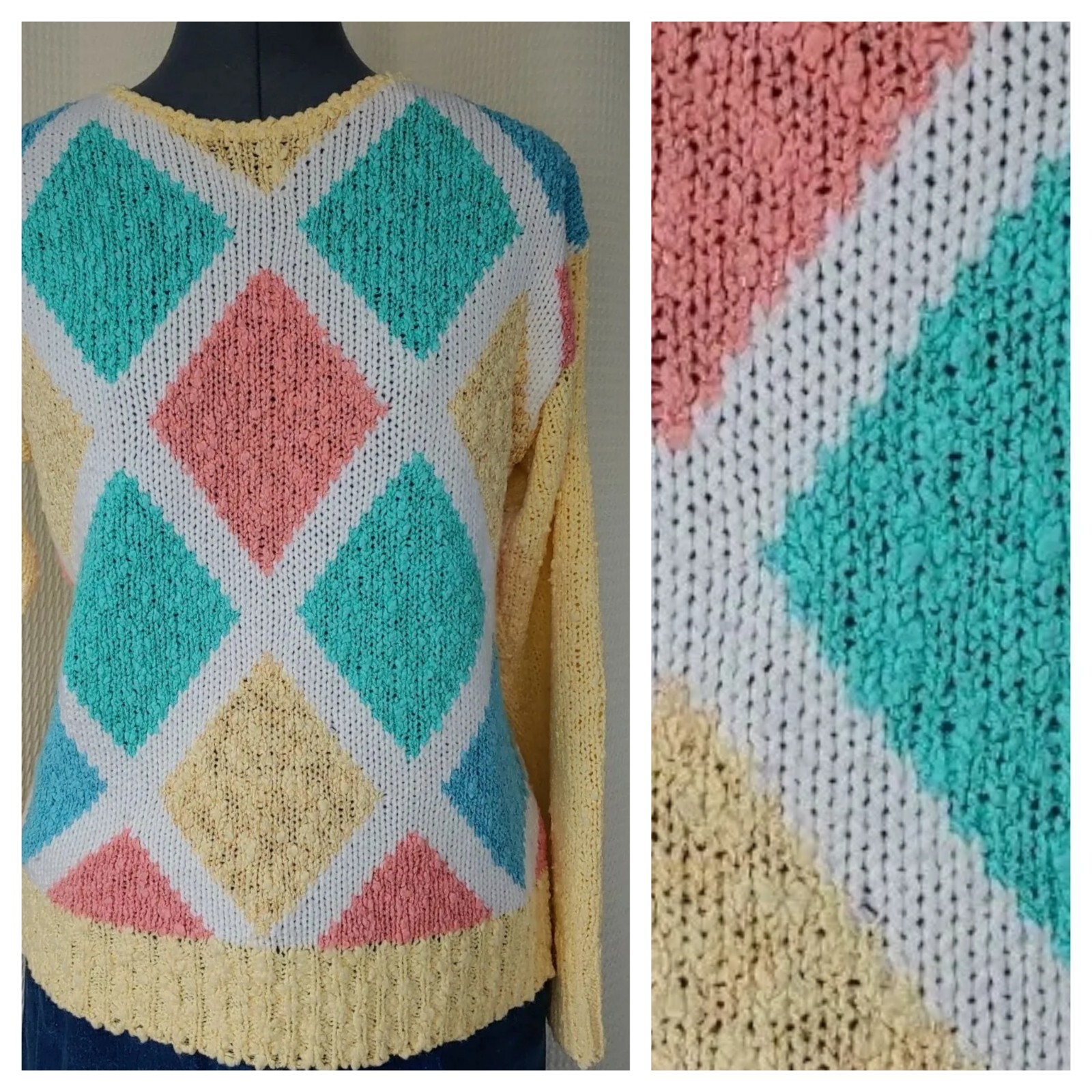 Vintage Suzanne Kent Yellow Sweater with Pastel Diamond Pattern on Front Sz MED
