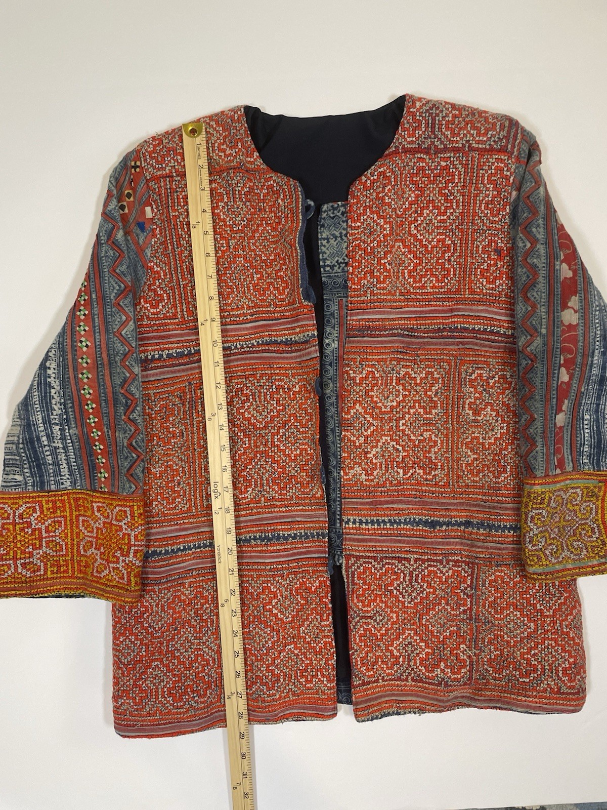 Vintage Hmong Style Embroidered Jacket Boho Ethnic Artisan Indigo Print XL