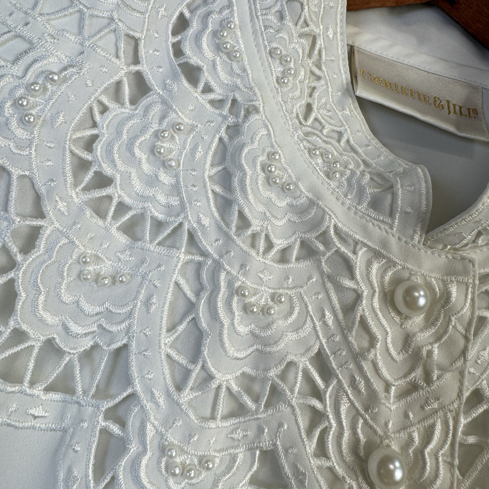 VTG 80s 90s Christie & Jill Petite 6P White Blouse Lace Appliqué High Collar L/S