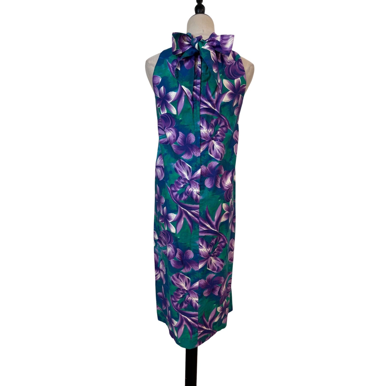 Vtg 60s 70s Fashions of Hawaii Dress Women sz s/m Teal Purple Floral Bow resort