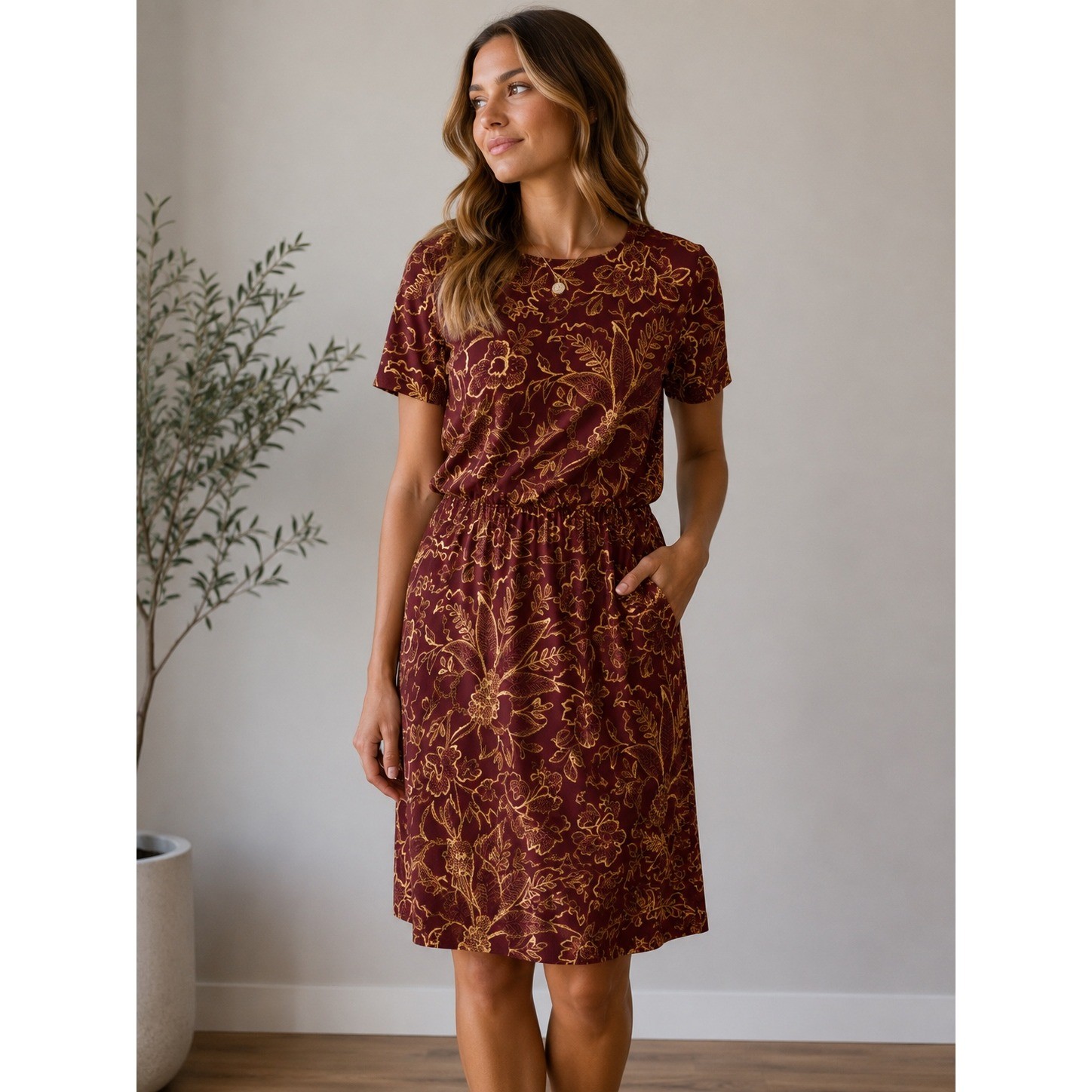 Leslie Fay Petite Vintage Floral Sheath Dress Burgundy Gold Short Sleeve Size 6P
