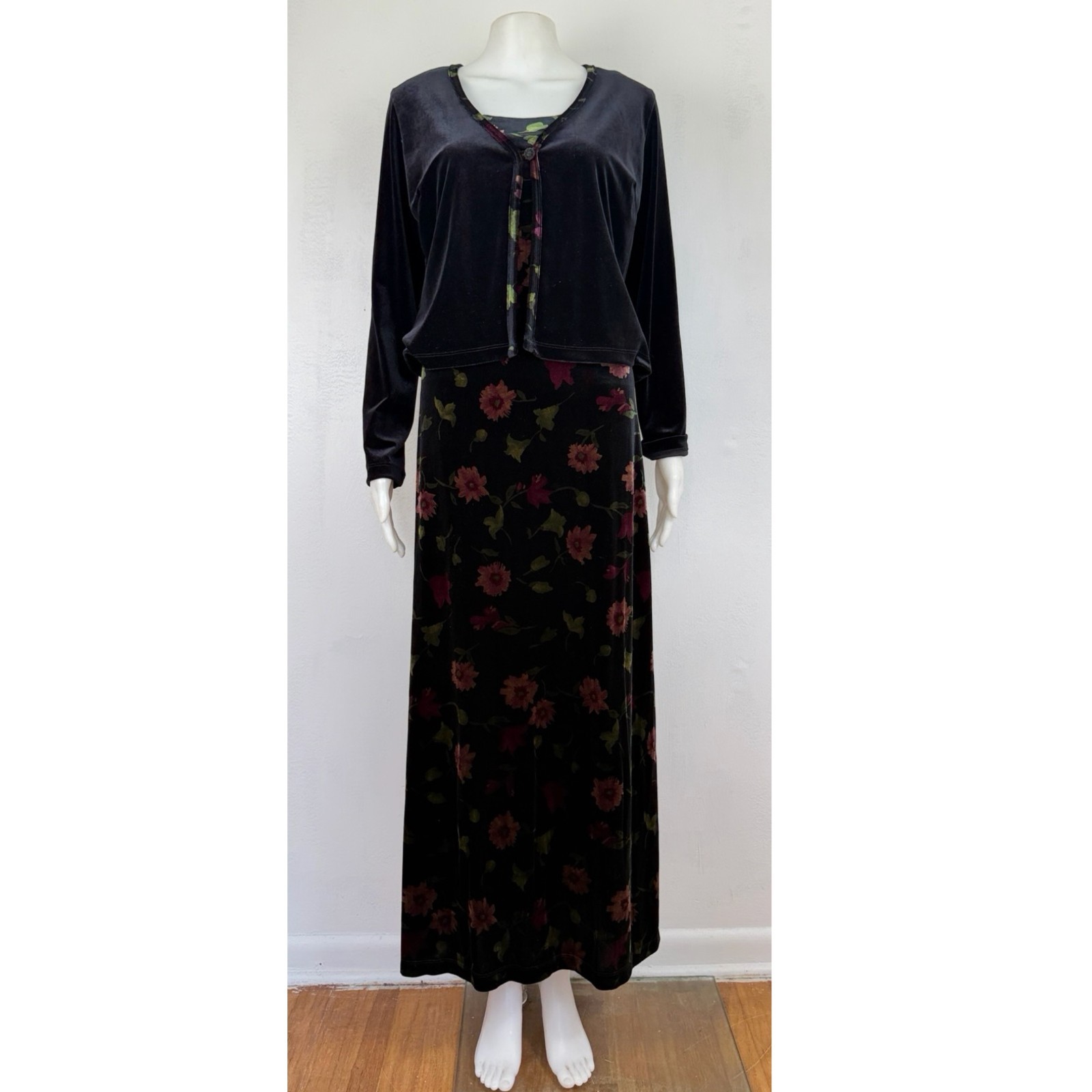 Vintage Crushed Velvet Dress & Jacket Set Size Small 90s Black Floral Maxi