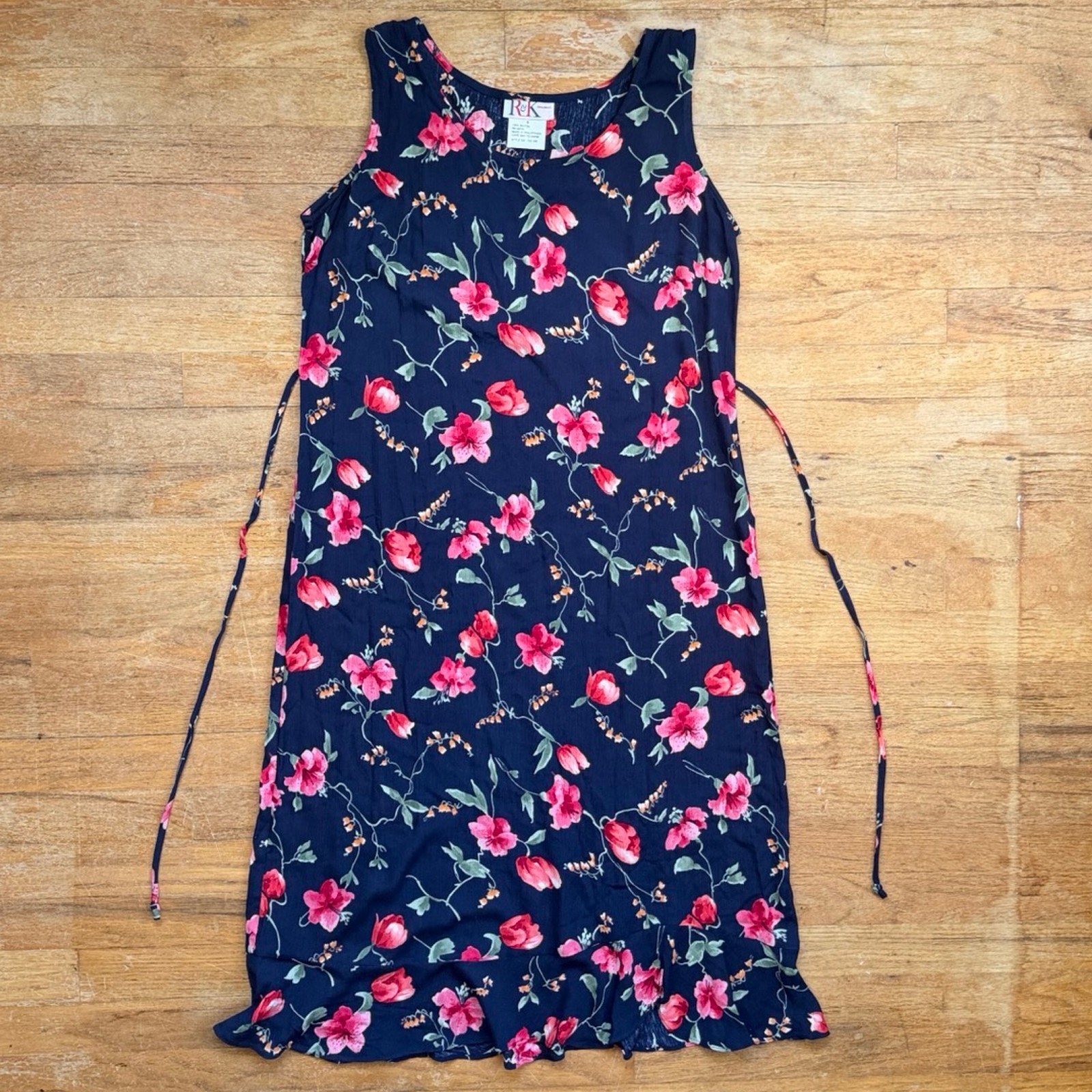 Vintage Floral Azalea Print Midi Dress Size Small 6 Navy Blue Rayon Sundress