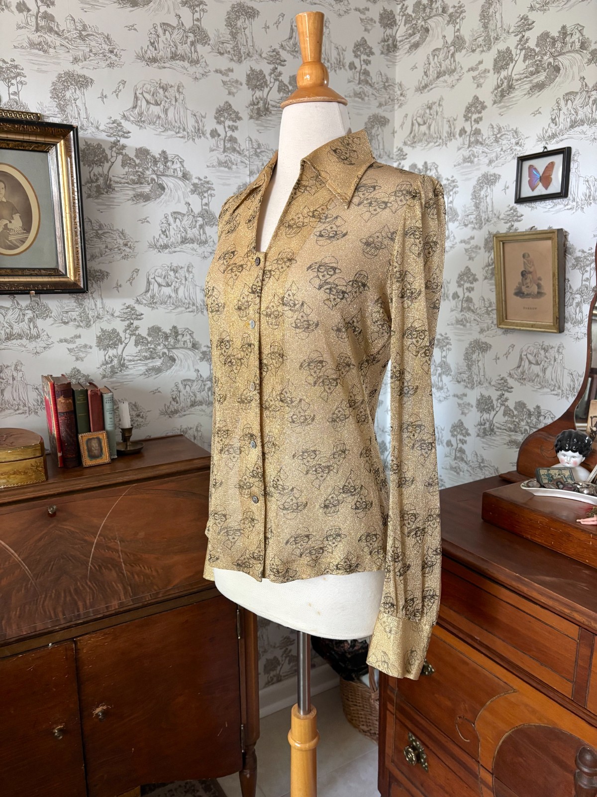Vintage 70s LeRoy Knitwear Metallic Gold Button-Down Shirt: 1920s Print, Retro