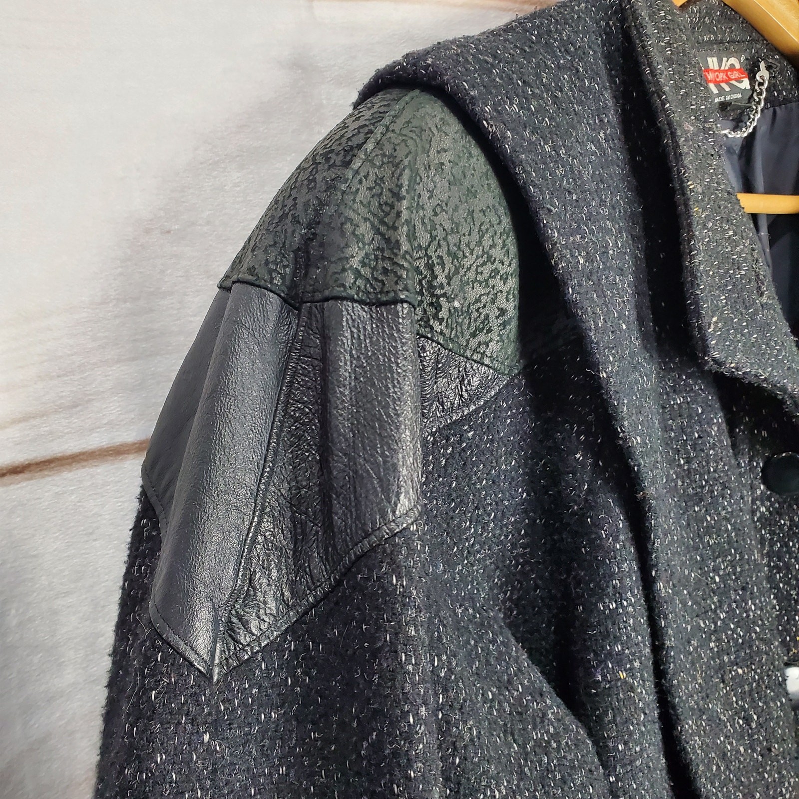 Vintage 80s Wool Leather Speckled Black Button Bomber Jacket Coat Size Medium