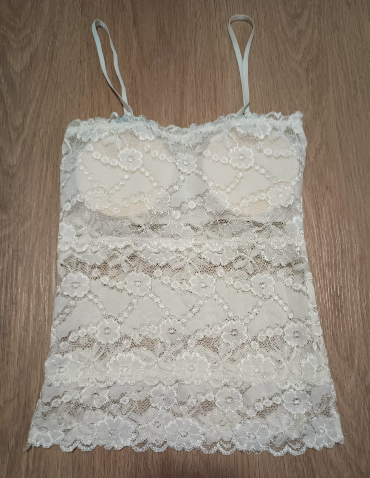 Vtg 80s Stretchy Sheer Chantilly Lace Padded White Cami Top bustier XS