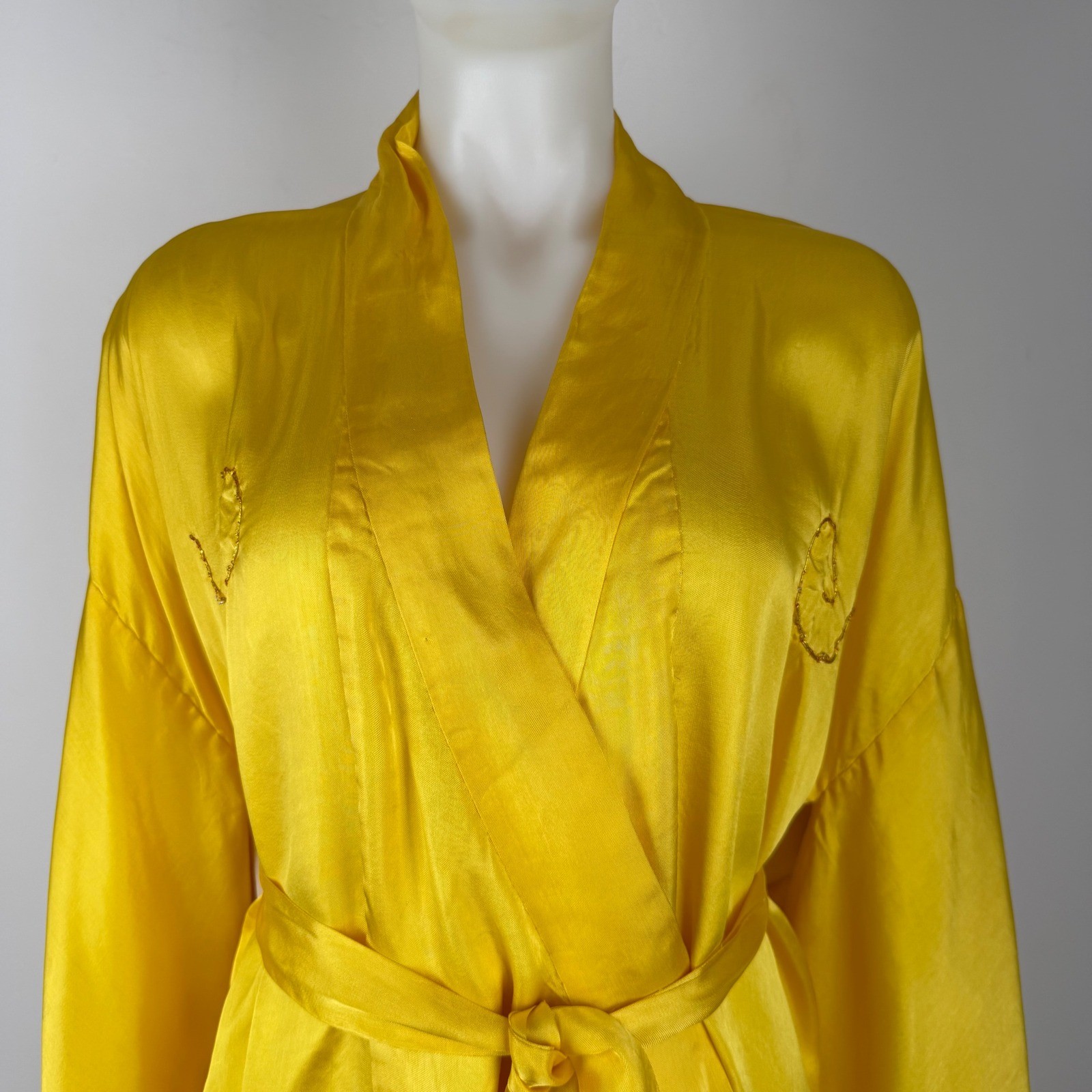 Vintage Yellow Kimono Robe Dragon Gold Metallic Embroidery Long Duster Belt