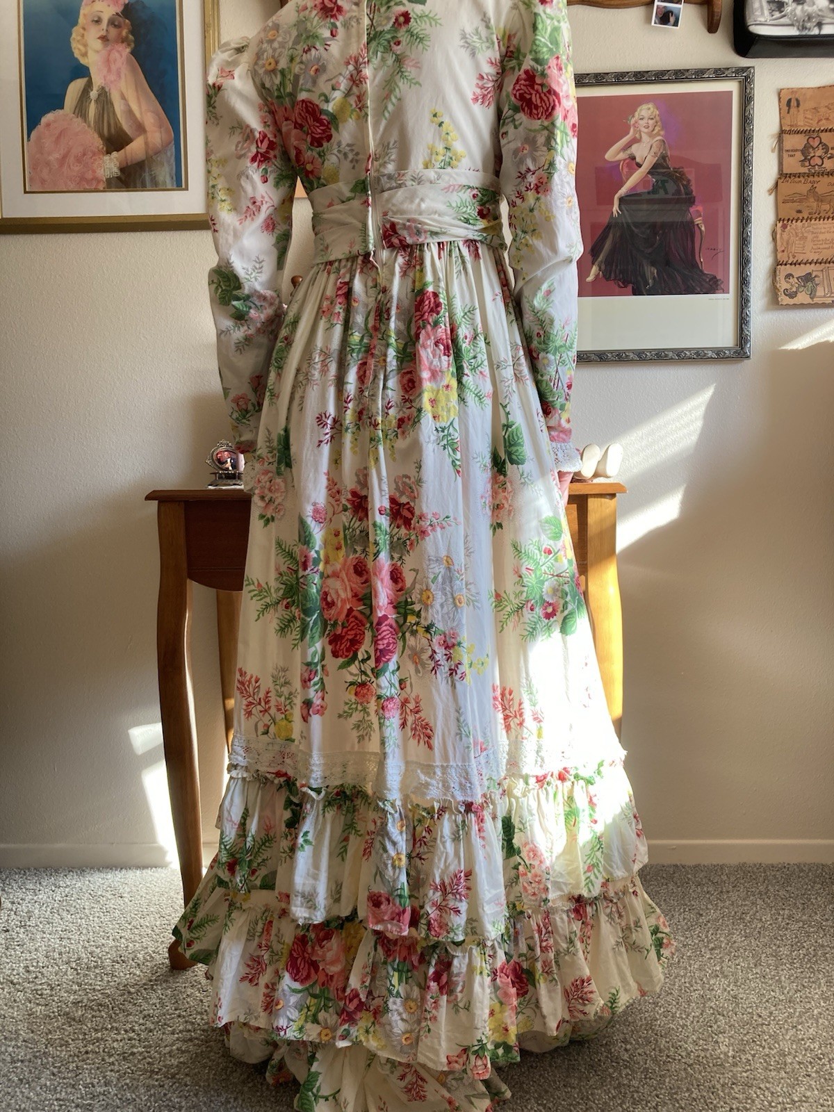 1970s Dreamy Floral Lace & Ruffle Maxi Dress, Bust 34in