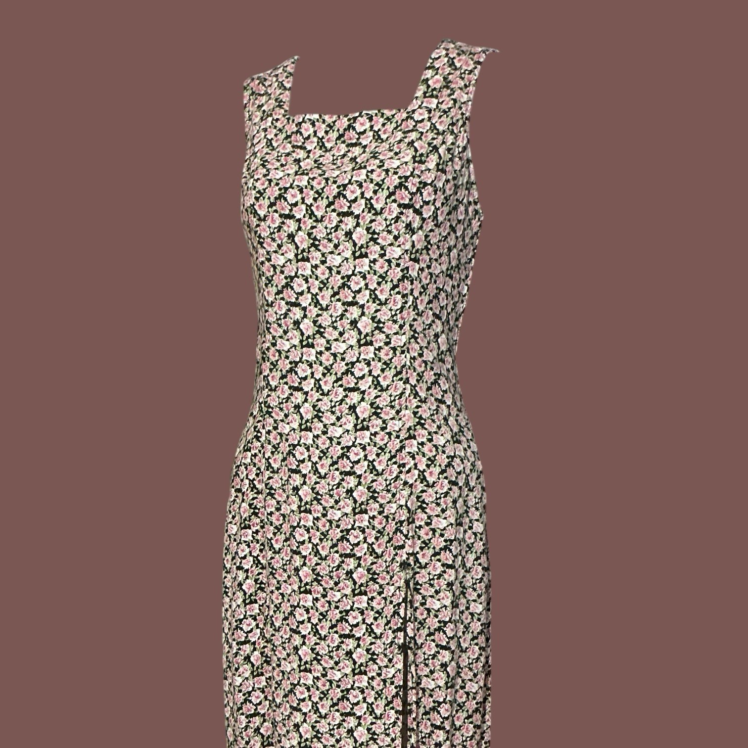 Vintage 90s Somerset Black Pink Rose Rayon Midi Dress Square Neck