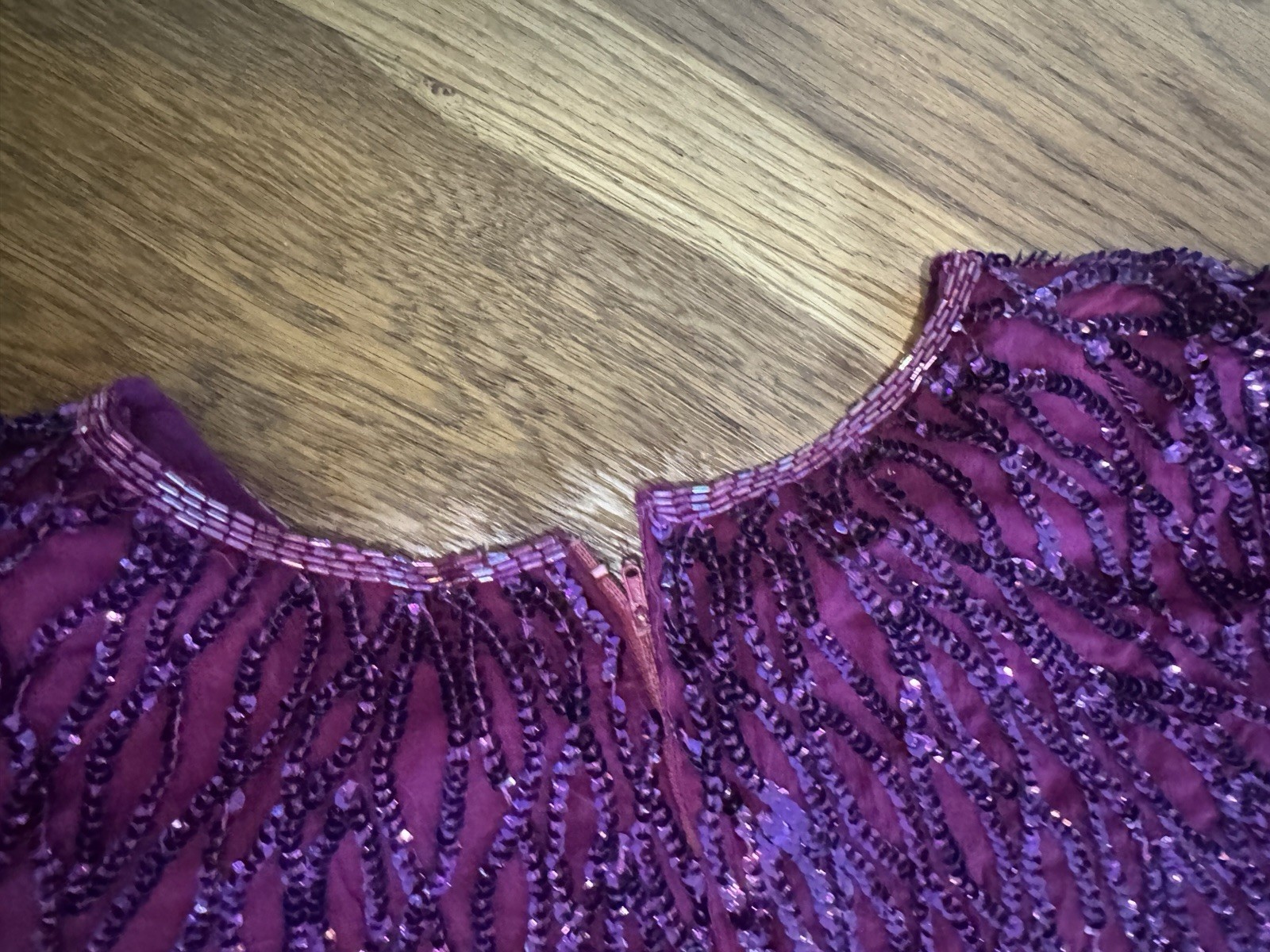 Vintage Sweelo Purple Beaded Sequin Silk Cocktail Shift Mini Dress Wm M 8 / 10