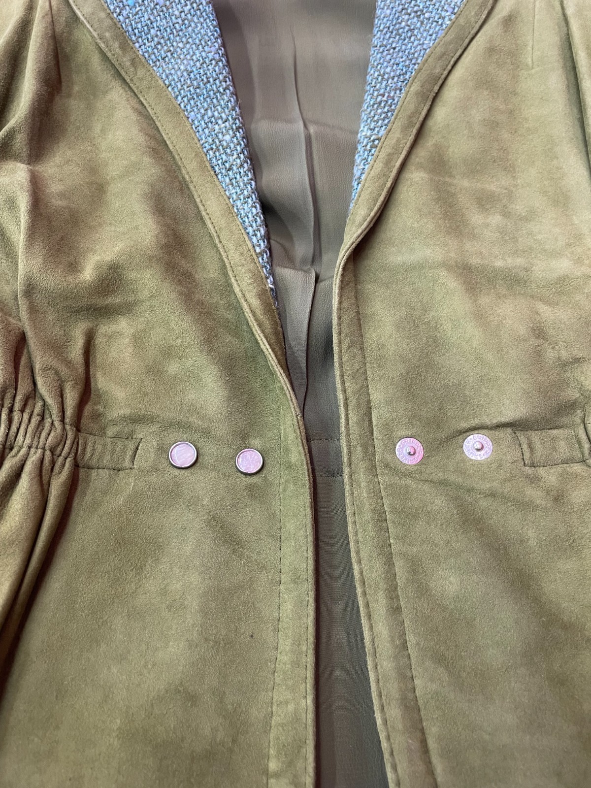 1960s VTG Leathervane Bonnie Cashin Designs 2pc Suit Pea Green Suede & Turq Wool