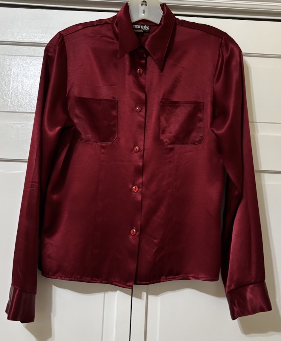 Vintage Classic 90s Tymings Burgundy Long Sleeve Liquid satin Button Up blouse S