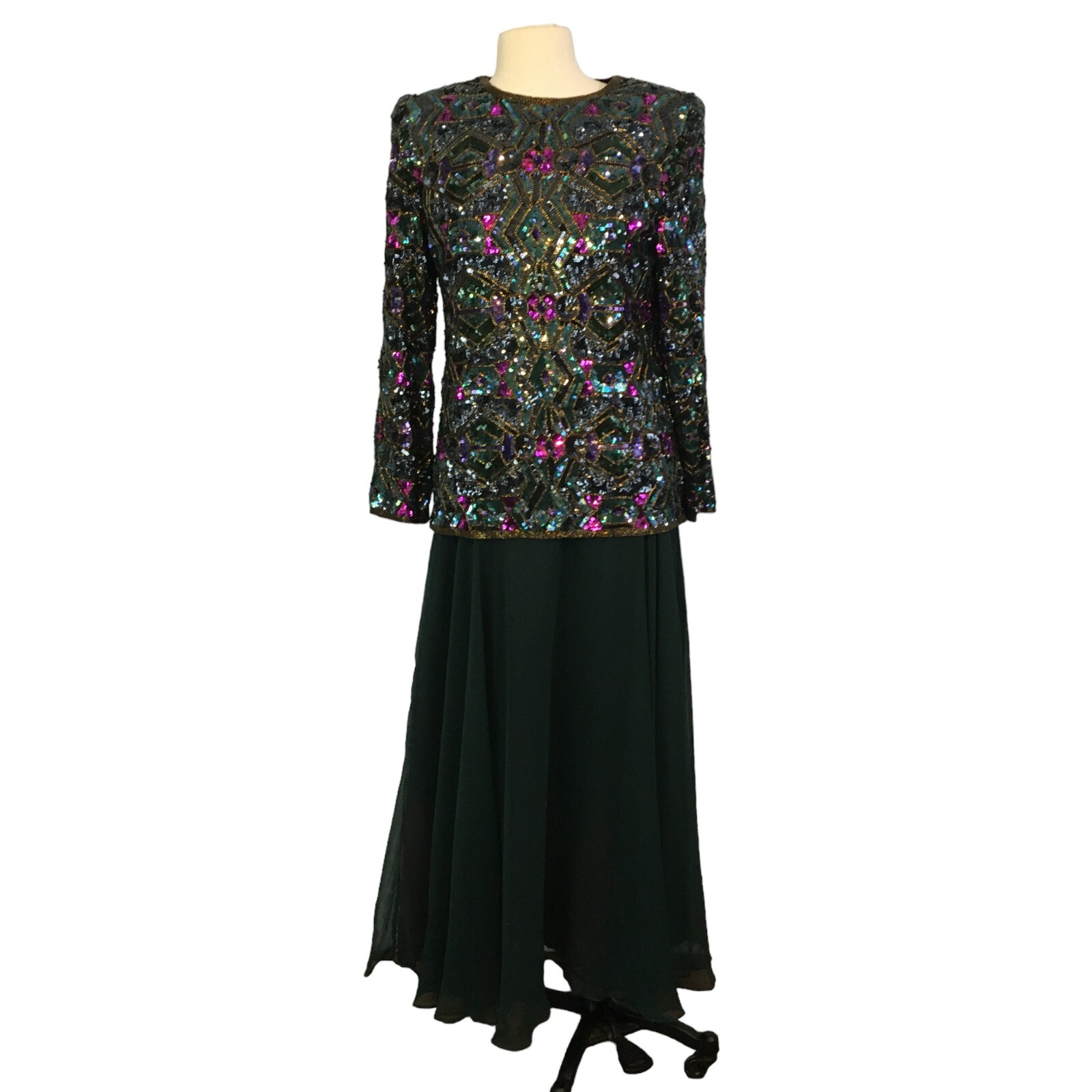 Joan Leslie Studio Vintage Silk Sequin Top and Green Skirt, Evening Gown Dress M