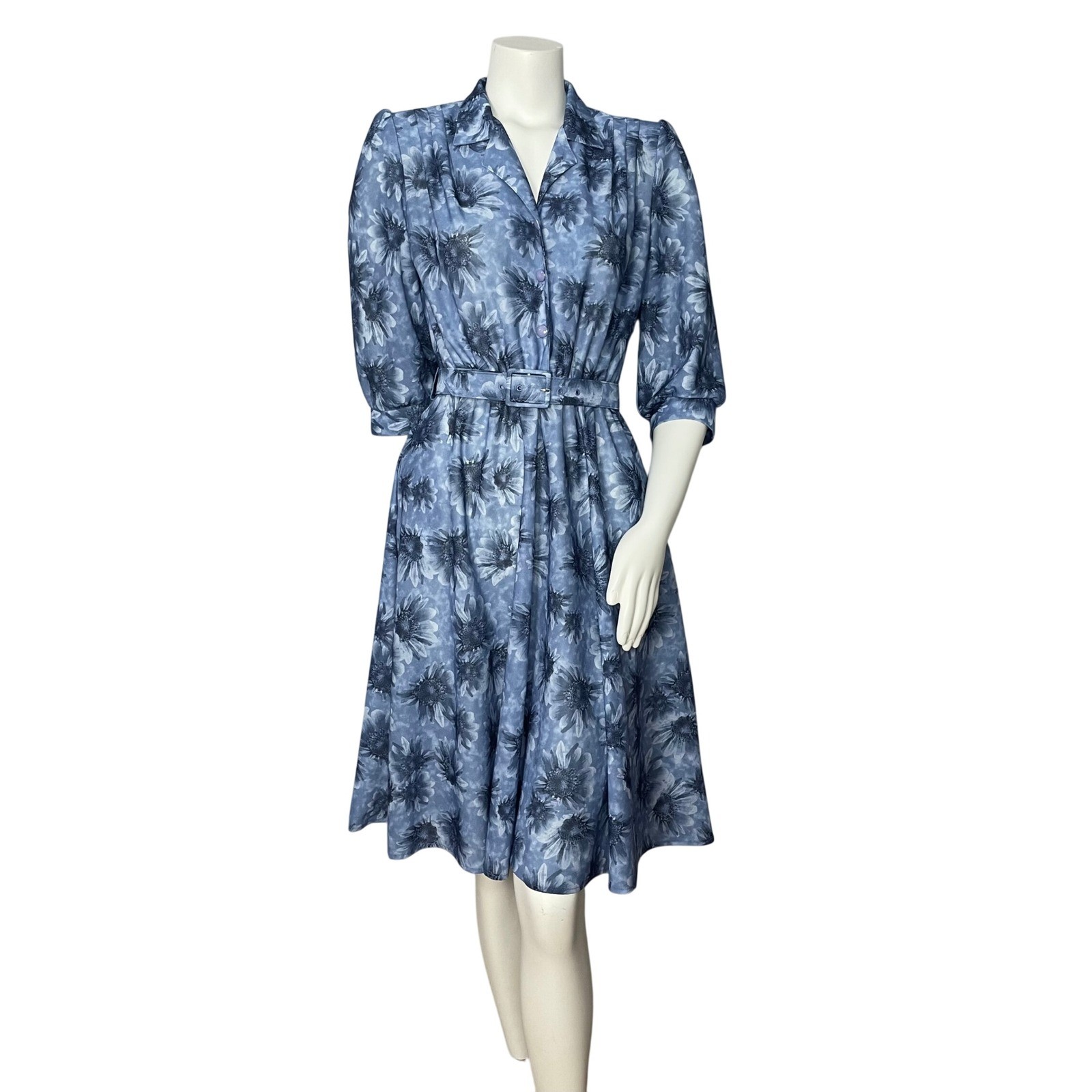 Vintage 80s Floral Dress Women Blue Belted Retro A-Line Belted Collared Eclectic