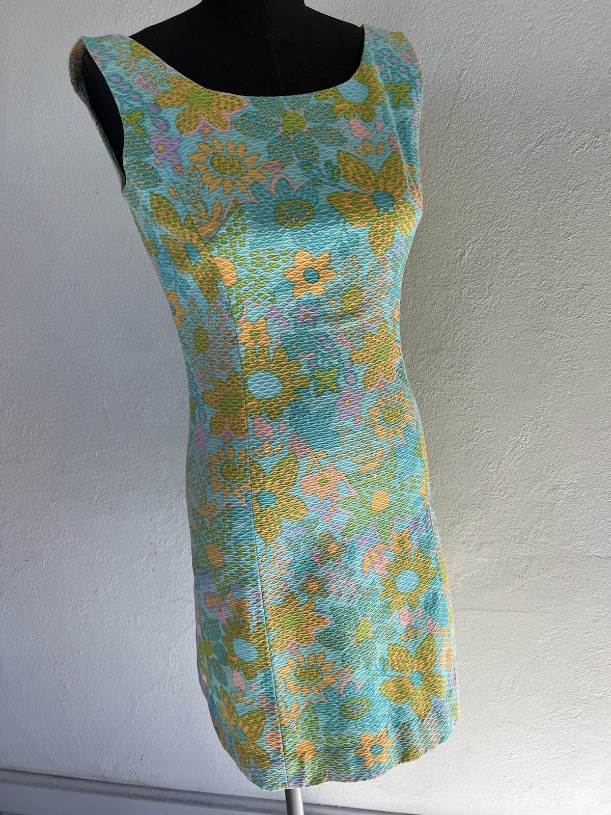 VTG 1960’s Green Pink Orange Damask Floral Shabby Chic Sun Mini Dress S M GREAT