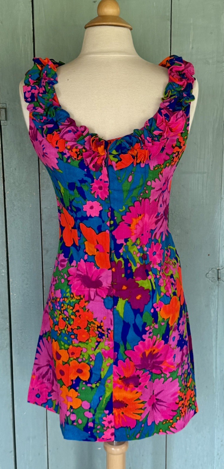 VTG 60s Liberty House Hawaii Barkcloth Mini Muumuu ShoulderRuffle Psychedelic 10