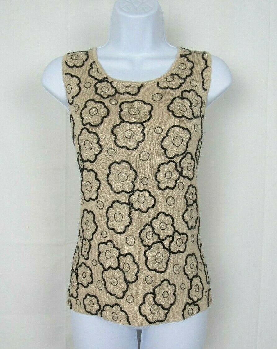 VTG 1990s 2000s MOD ANN TAYLOR SILK BEADED SLEEVELESS TOP SIZE MEDIUM TAN BLACK