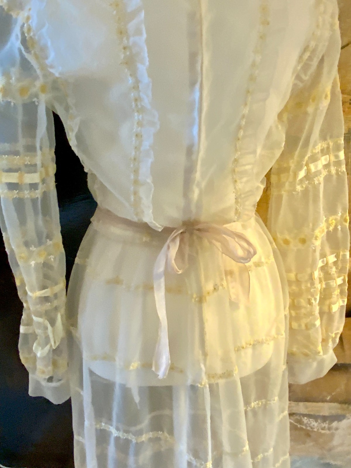 1970s Sheer Romantic Bridal Dress | Edwardian Revival Ivory with Ribbon