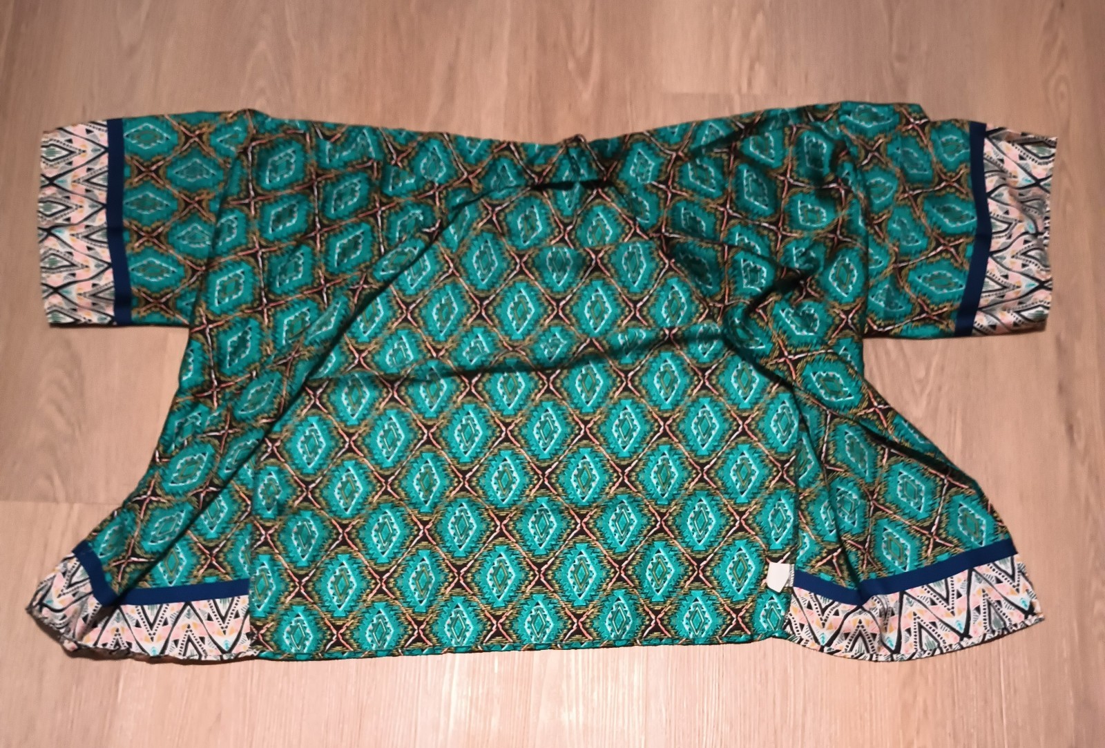 Vtg LAC BLEU Teal Geometric Southwest India Kimono Open Jacket Robe lounge L