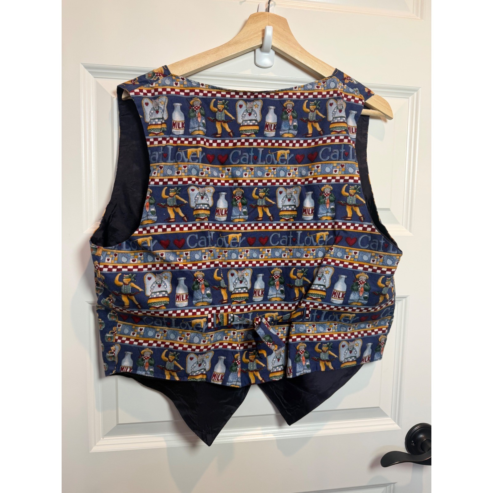 On Tour Vintage Cat Lover Novelty Print Vest Blue Cotton Button Front Large USA