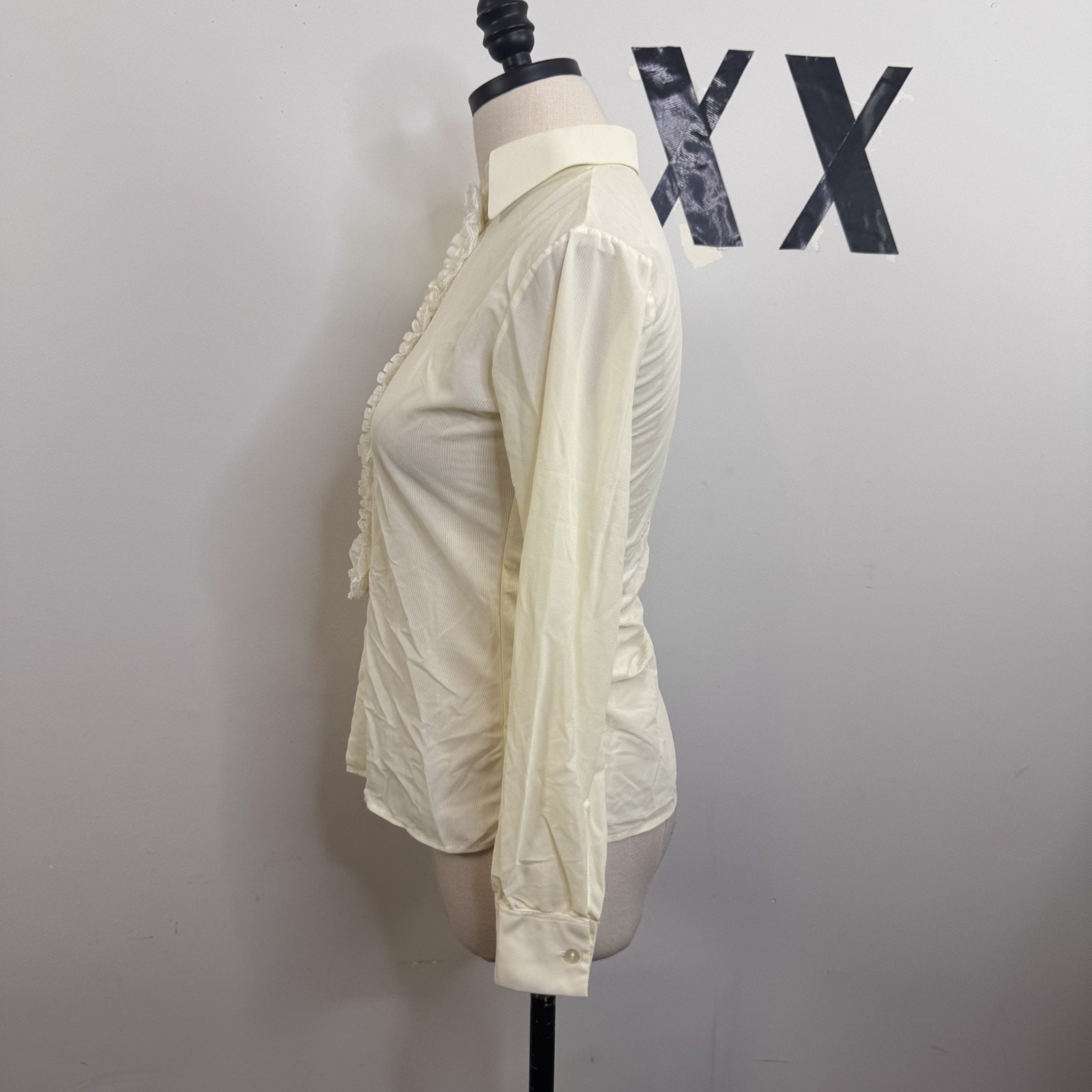 French Vintage 70s Polyamide Fitted Button Up Blouse Ruffle Overlay Top 32