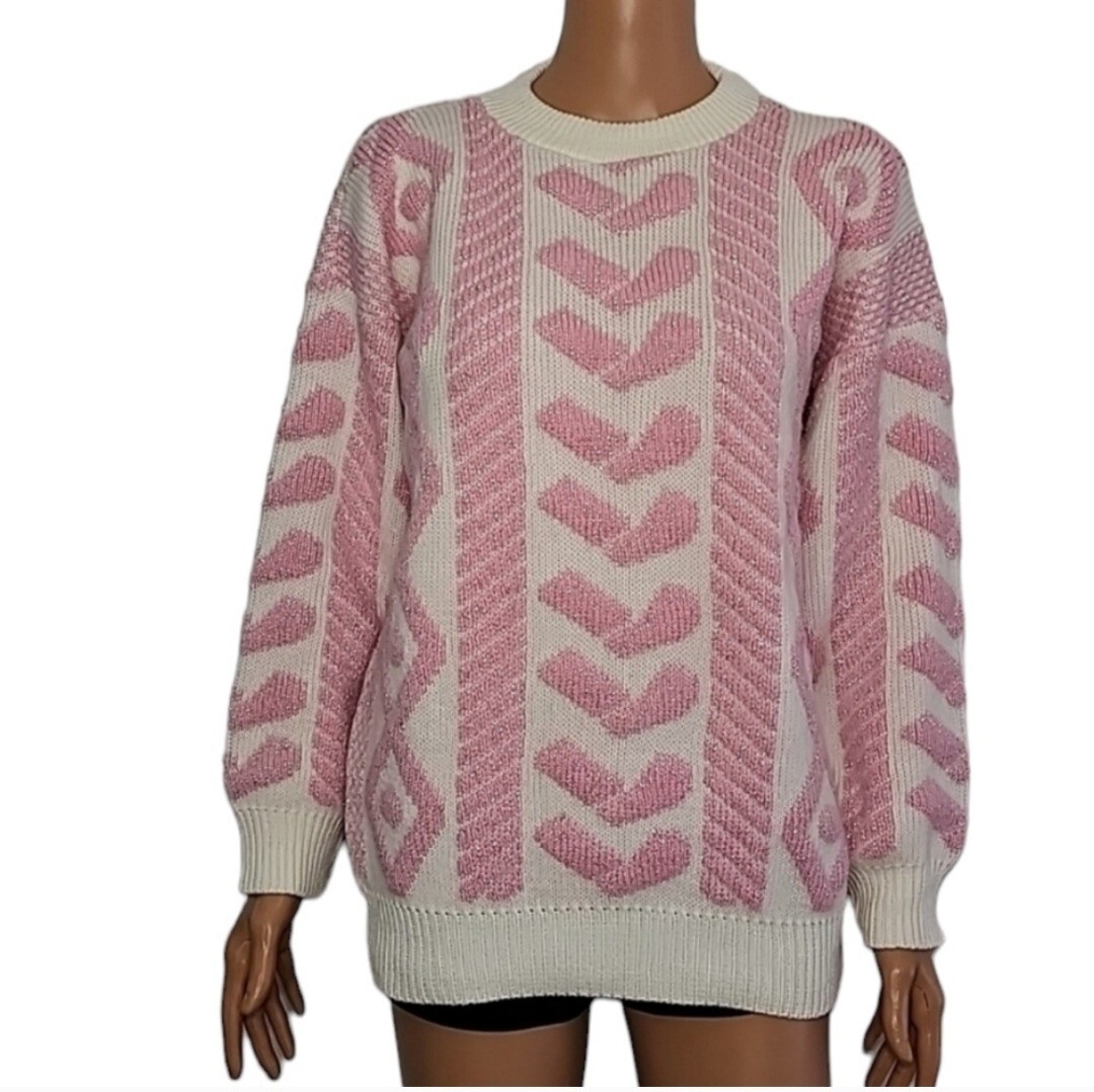 Spunky Metallic Pink/White Sweater Womens S/M Mock Neck Hearts print Knit Top