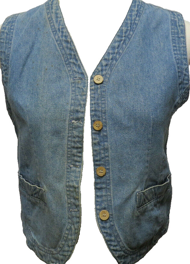 OJAI California 90’s Blue Denim Vest Solid Wooden Buttons Front Pockets Boho SM