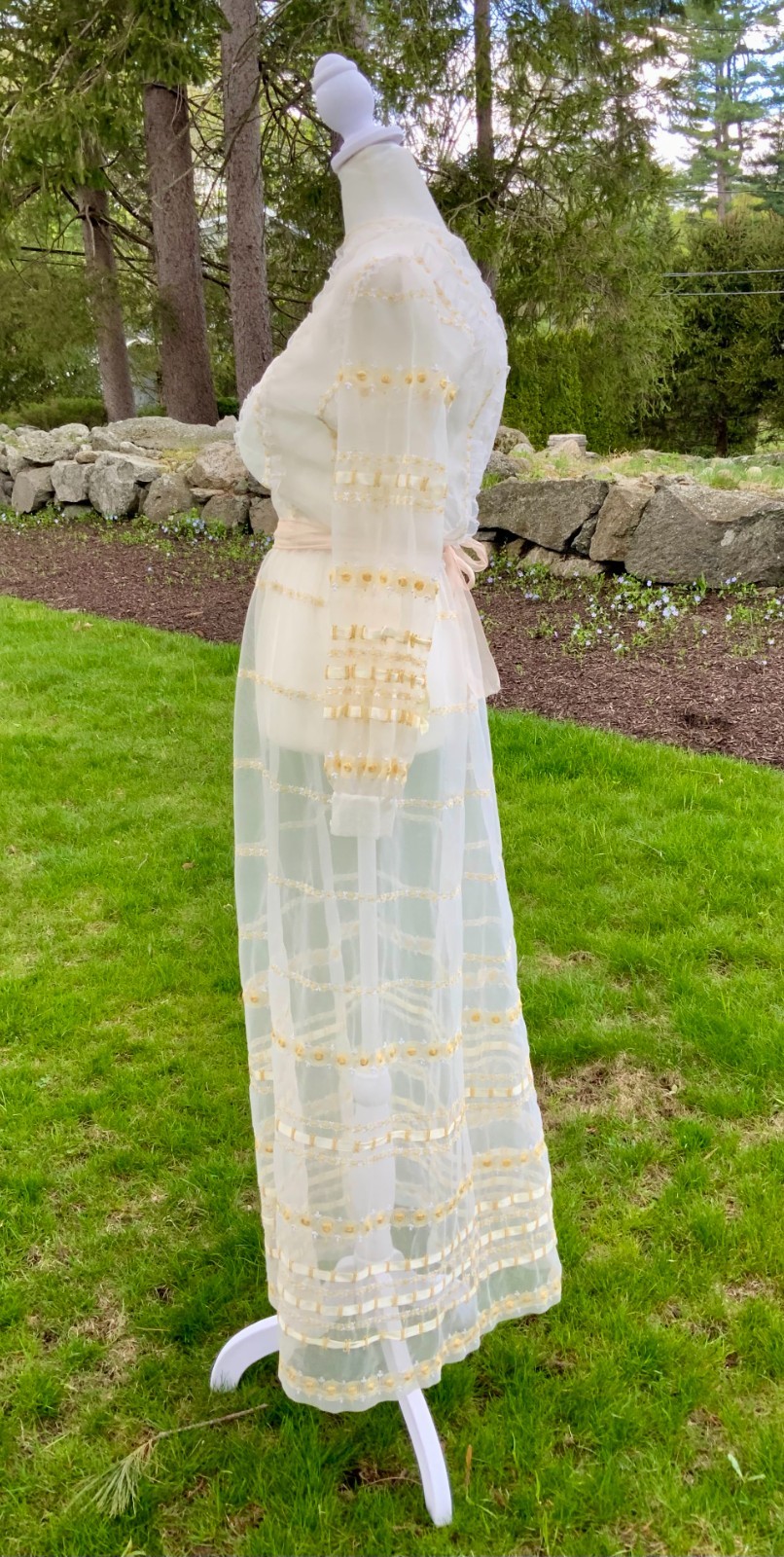 1970s Sheer Romantic Bridal Dress | Edwardian Revival Ivory with Ribbon