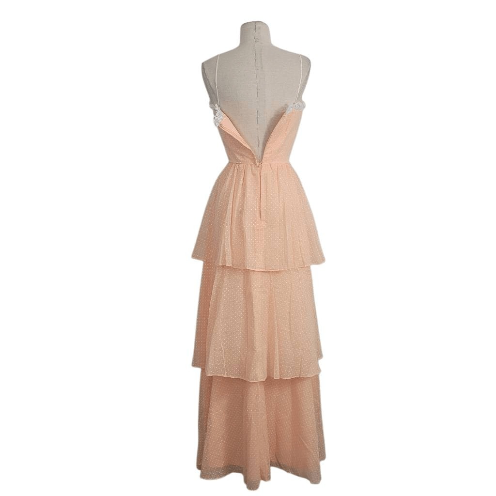 Vintage 1960s 1970s Peach Tiered Maxi Dress Sz XXS 2XS Lace Polka-dot Coquette