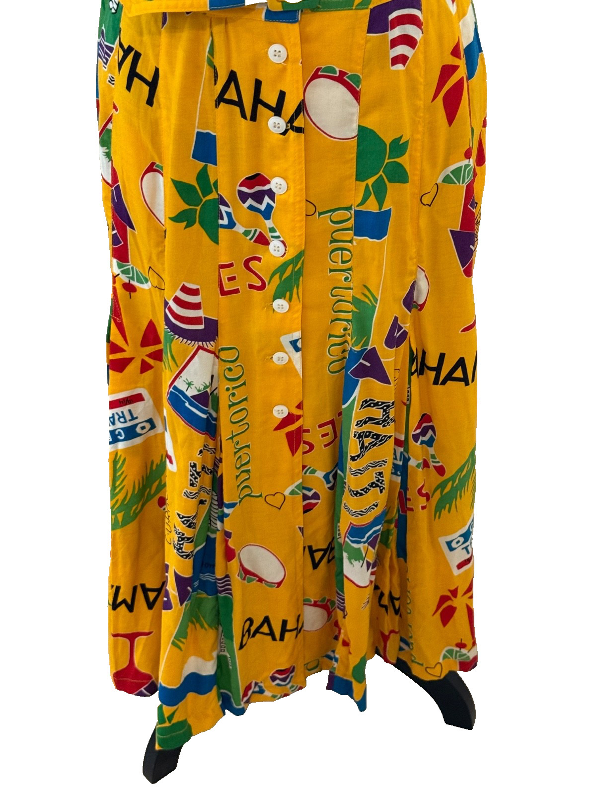 Vintage 1980s Karen Alexander Caribbean Print Belted Midi Dress Tropical Size 10