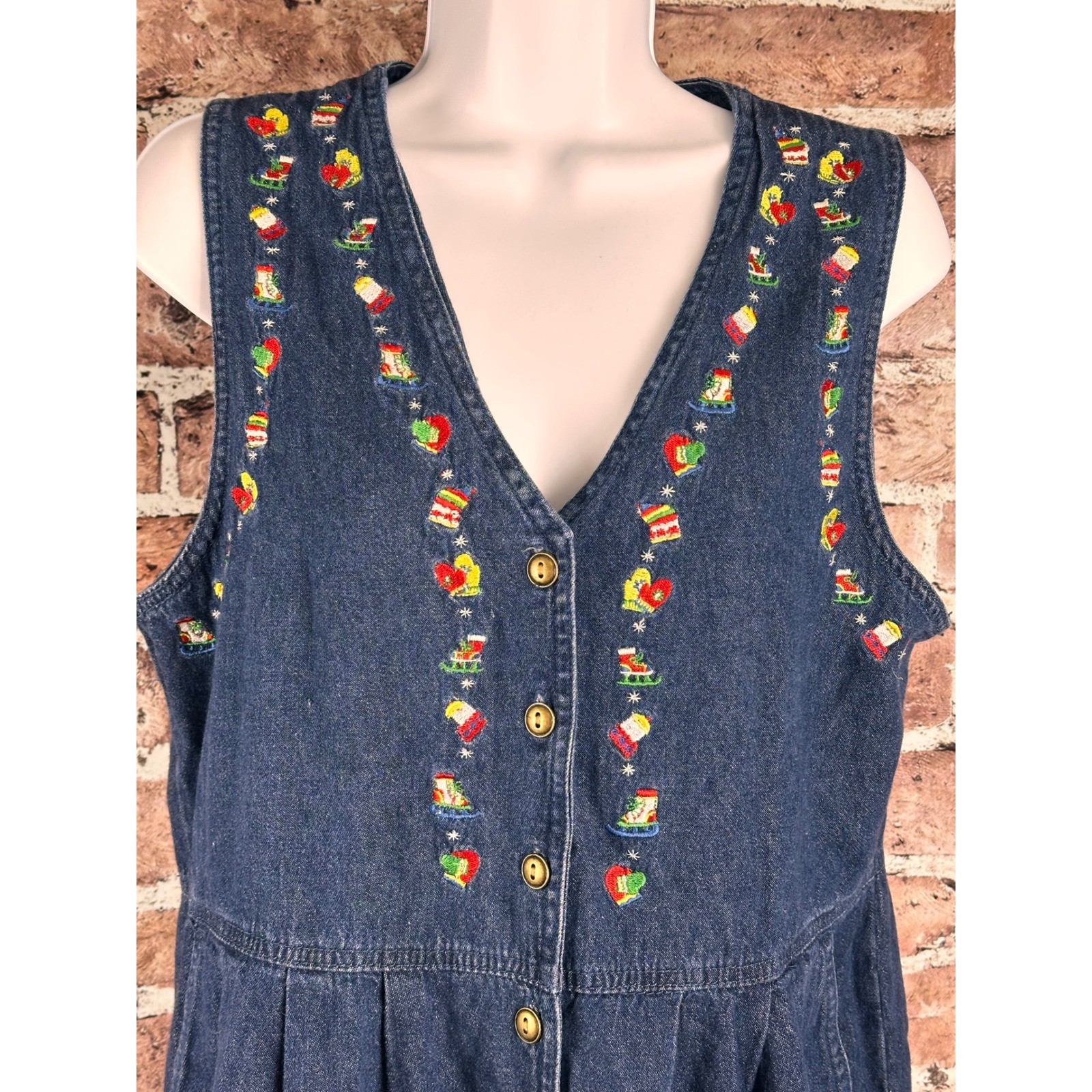 Original TY Wear Vintage Denim Christmas Embroidered Jumper Dress Blue 10P